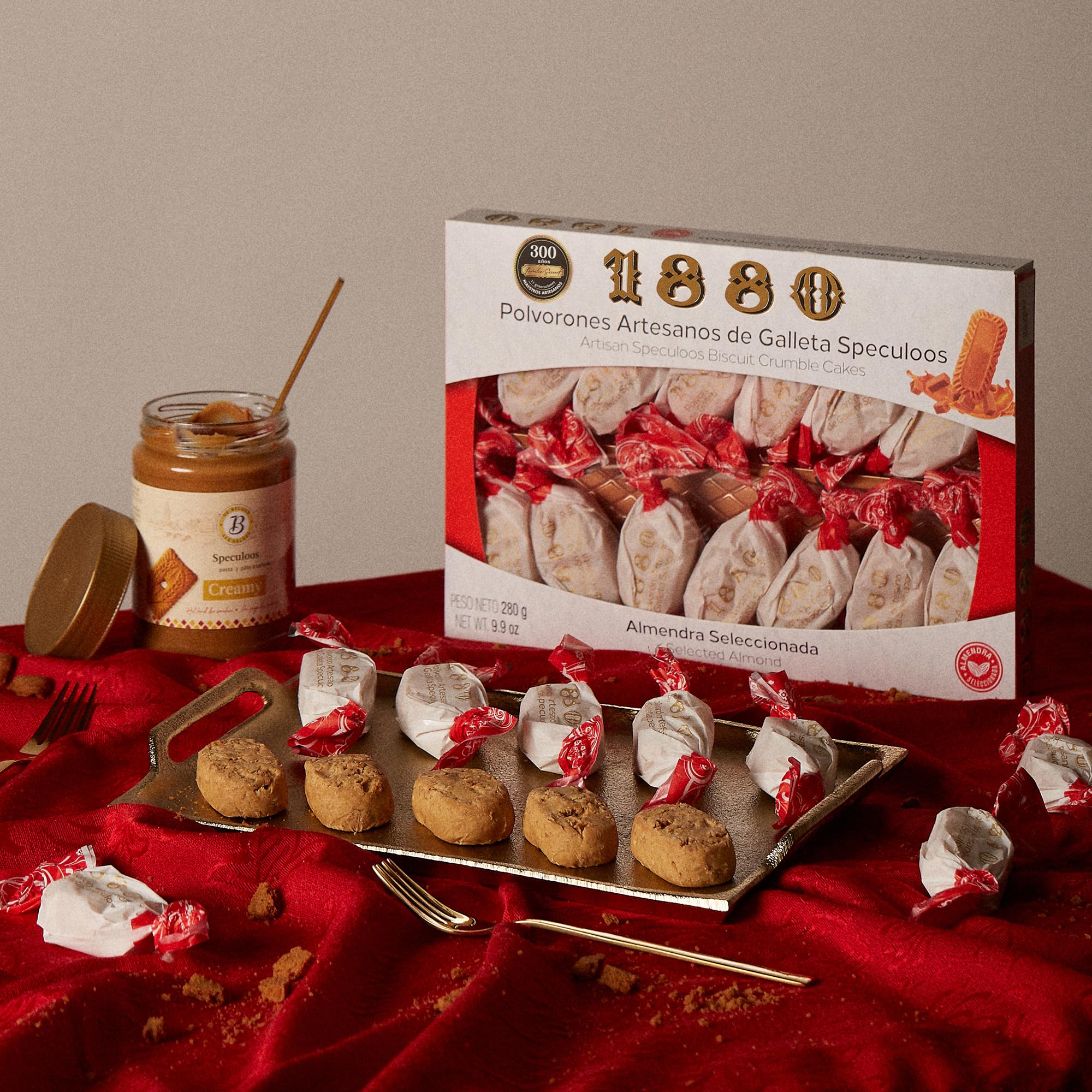 1880 - Polvorones Artesanos de Galleta Speculoos 280 g, Receta Artesanal con 95% de Galleta Speculoos y Almendra Seleccionada, Envase Individual, Textura Suave, Típico Dulce Navideño