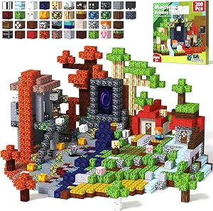 Magnetic Blocks 200 PCS Magnet Building Blocks Cubes Sensory Toys for 3-12 Years Old Gamer Player Kids, Stacking Magnets Holiday Birthday Graduation Gift Set, 0.8 Inch Block, Nether and Overworld