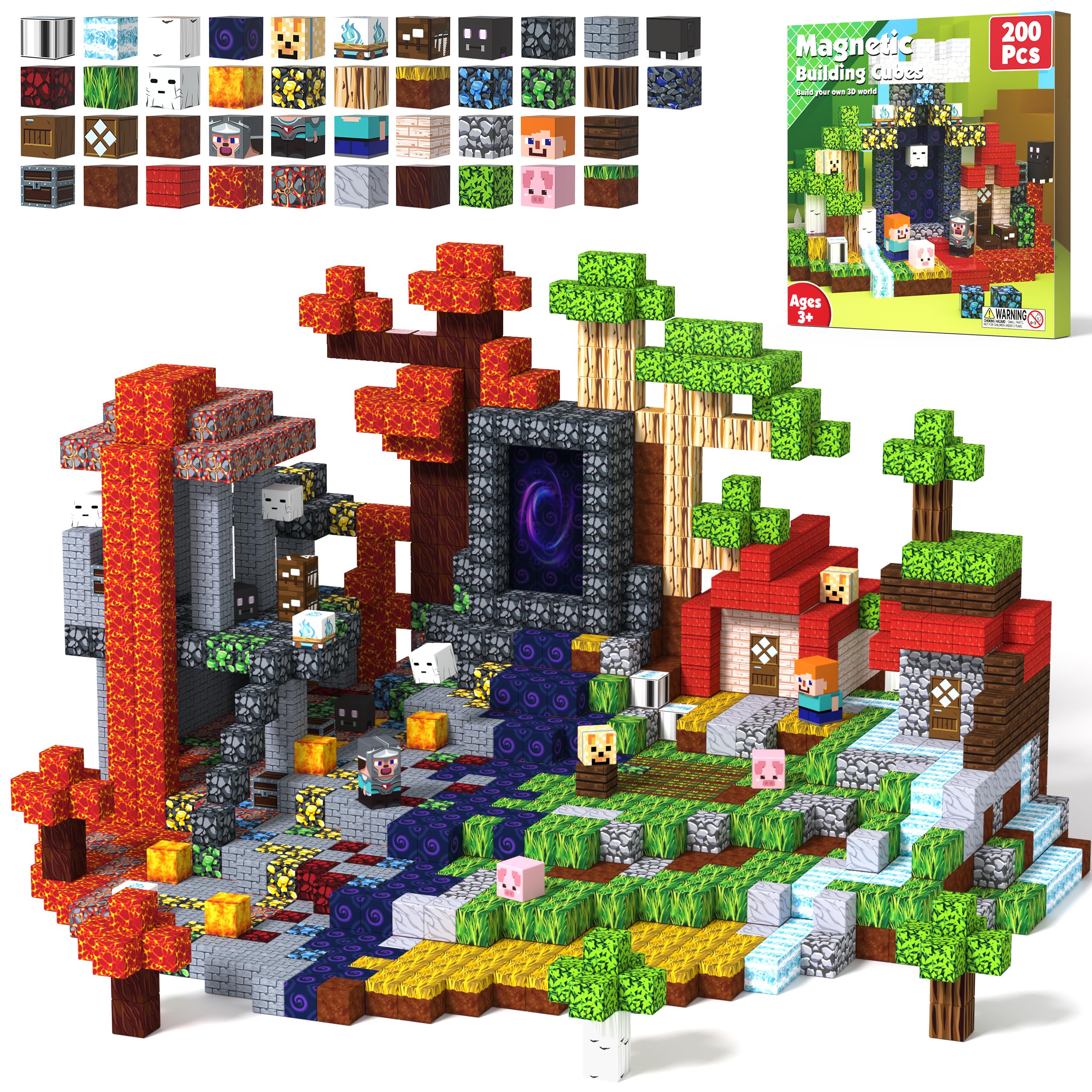 Innovakids Magnetic Blocks 200PCS Magnet Blocks for Kids Ages 2-12 Mine 3D World Magnet Tiles Building Toys Sets Magnetic Building Blocks Stem Toys for Boys/Girls Sensory Toys for Toddlers (Magma)