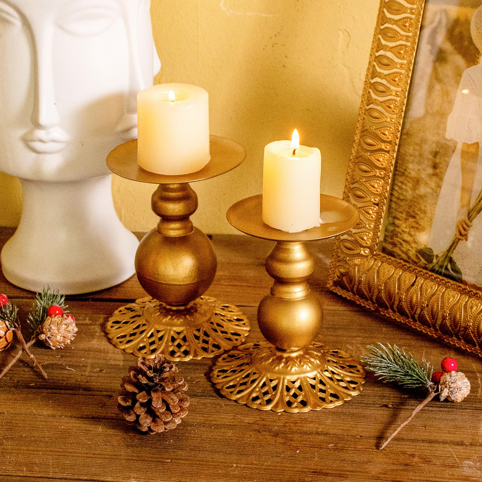 Metal Gold Decorative Candle Holder Pillar Candles Candle Stand, Set of 2 Candlestick Holder for Fireplace, Living or Dining Room Table (Golden Color)