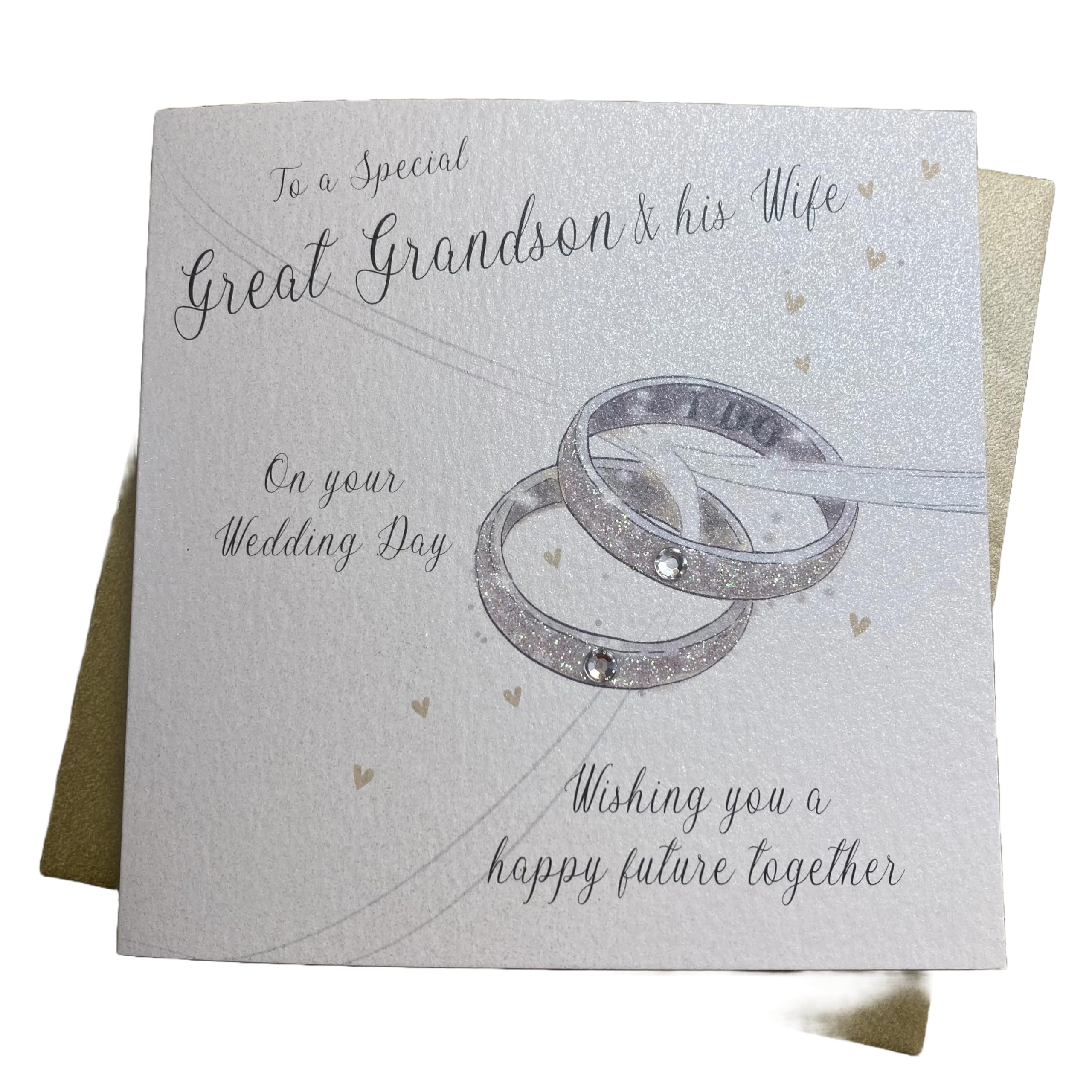 WHITE COTTON CARDS GREAT GRANDSON & WIFE - RINGS WEDDING CARD, HAND FINISHED (X) D370