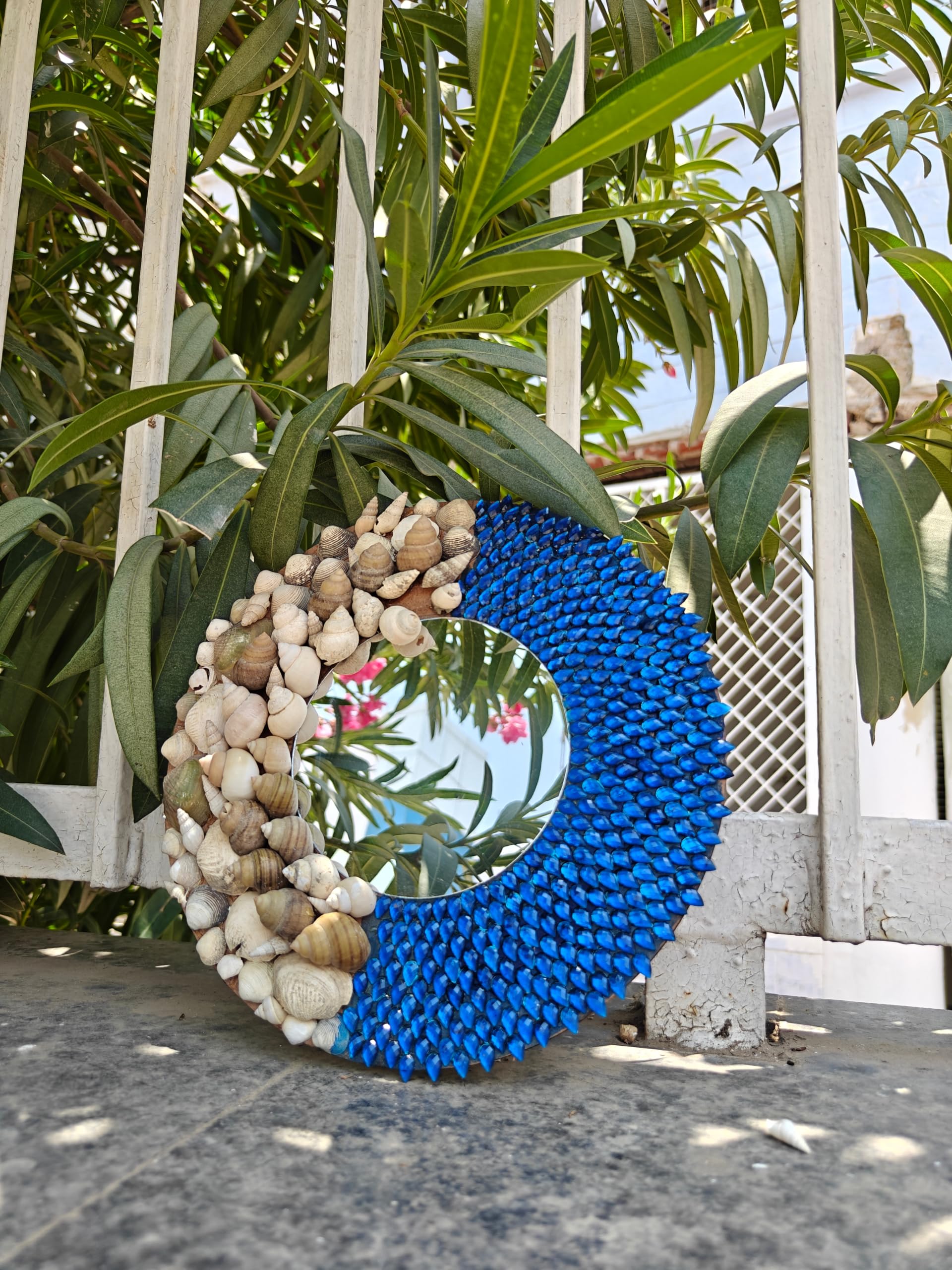 Shree adodhya Handcrafted Round Seashell Wall Mirror – Aesthetic Blue and Natural Shell Decorative Mirror for Coastal Home Decor, Unique Mosaic Art Hanging Mirror for Living Room .(8 inches Round).-image-0