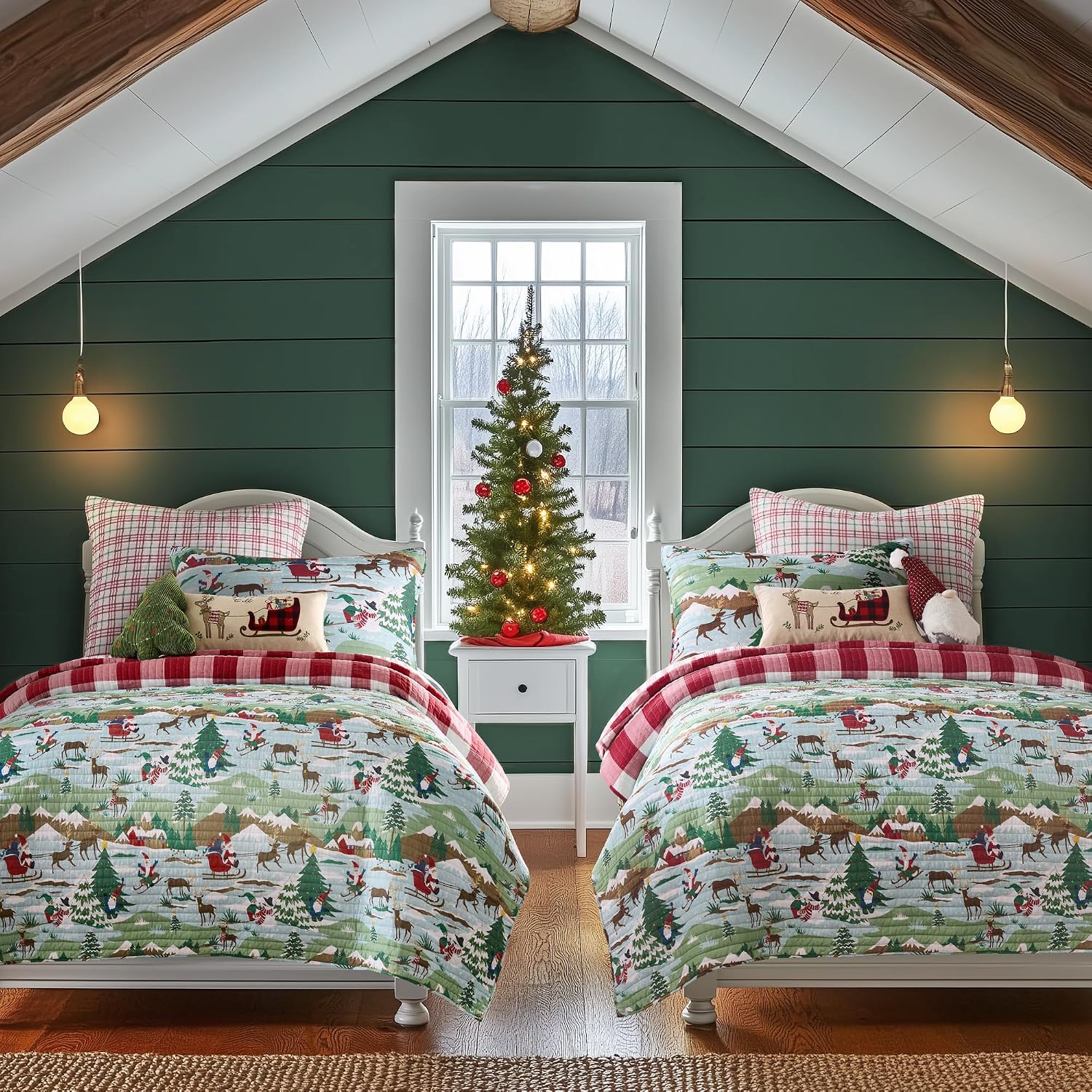 Levtex Home - Merry Mountains - Reindeer Woodland - Green Red White Brown - Full/Queen Quilt (88x92in.) + Two Shams (20x26in.) - Reversible - Cotton