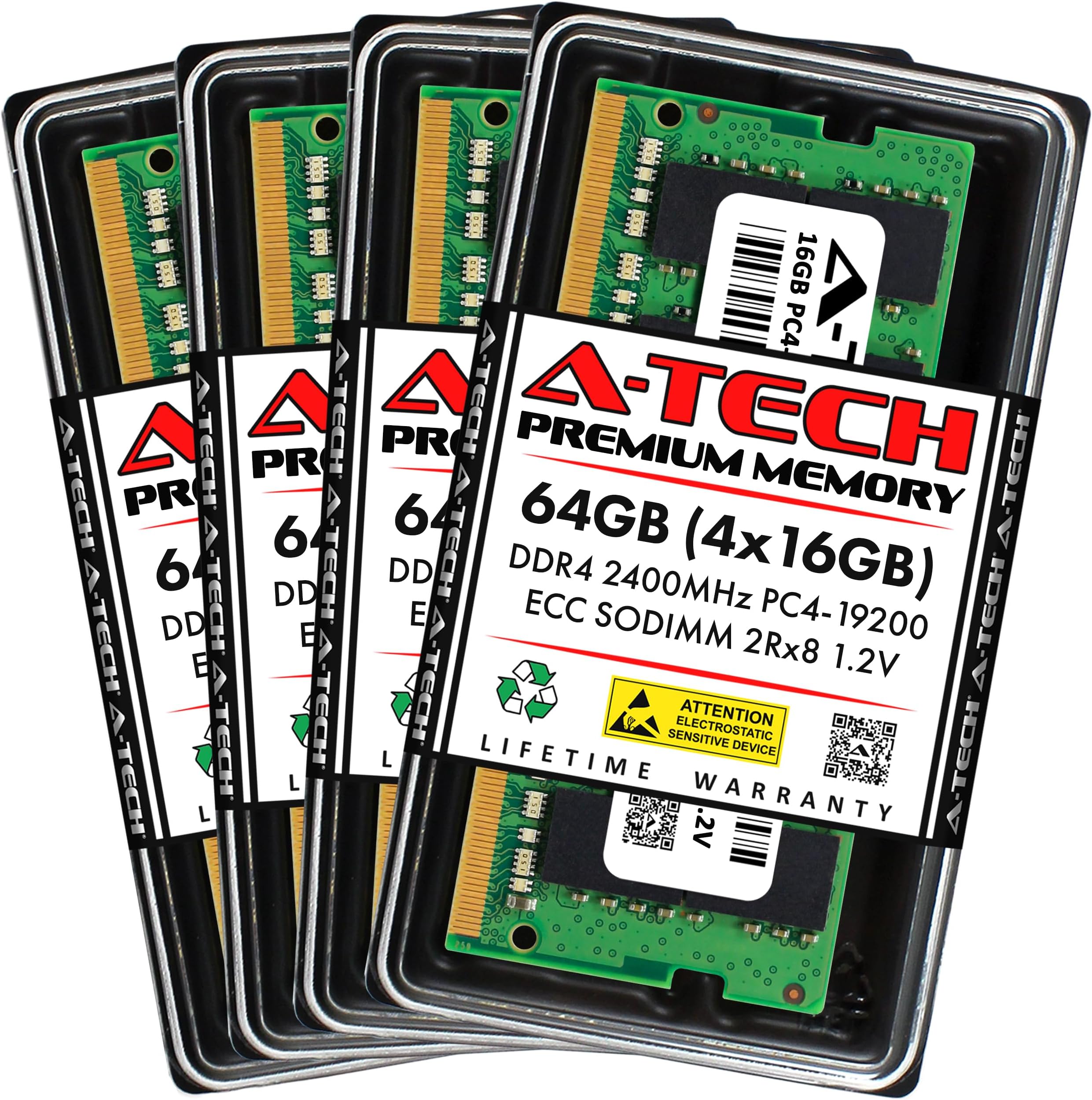 A-Tech 64GB Kit (4x16GB) DDR4 2400MHz PC4-19200 ECC SODIMM 2Rx8 Dual Rank 1.2V 260-Pin RAM Memory Upgrade Modules for Microserver, Workstation, and Networking Platforms