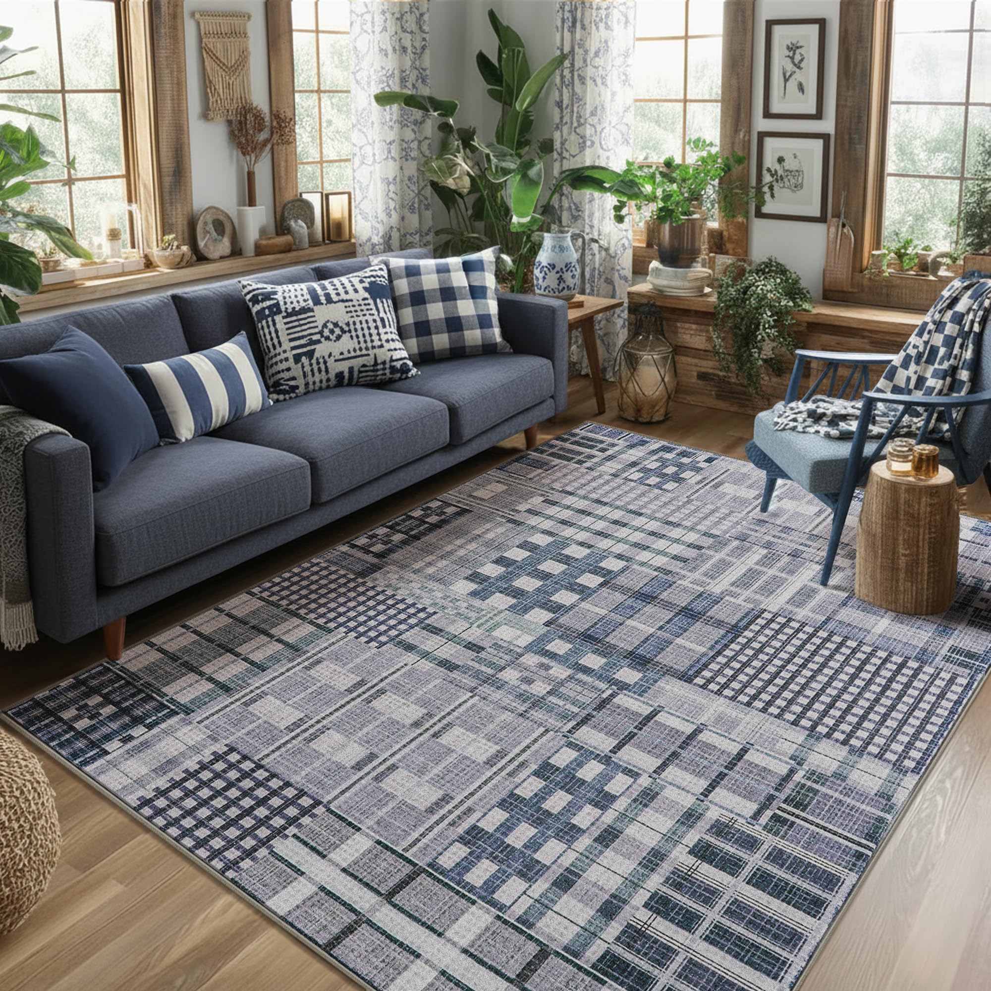 GthreeD Rugs Living Room 160x230cm, Area Rugs for Bedroom, Machine Washable Vintage Rug, Modern Abstract Area Rugs for Kids Girls and Boys, Dining Room, Home Office, Bedroom, Blue Grey Check