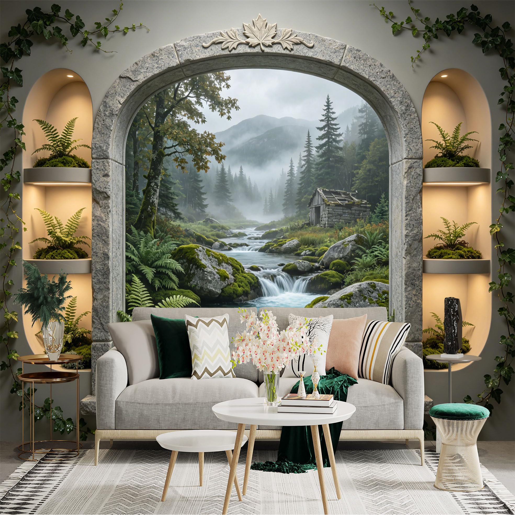Custom Size Wall Sticker Mural， Mountain Stream with Cabin， Forest and Misty Landscape， for wall Decoration， peelandstick wall Decals.