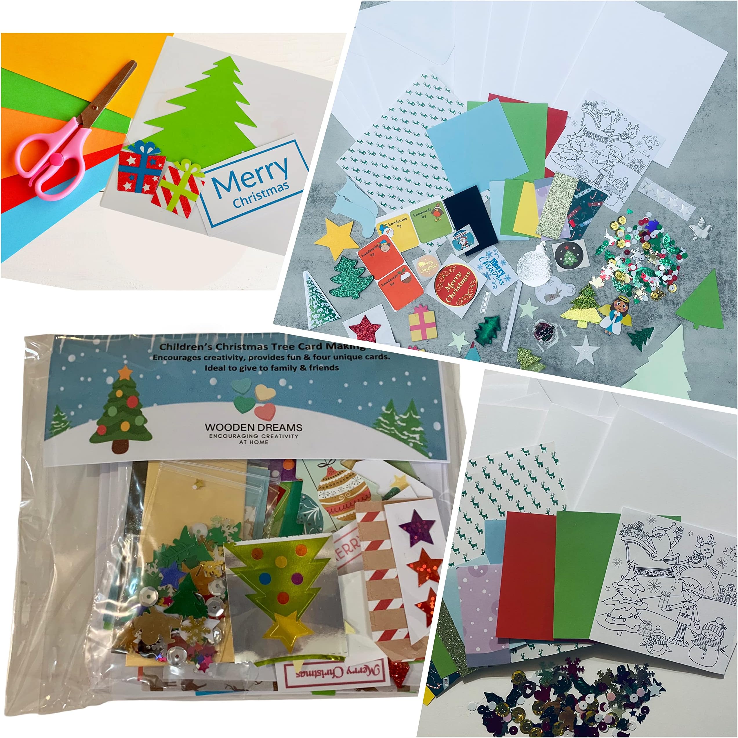 Christmas Tree Card Kit - Makes 4 Cards, Includes Cards & envelopes, Embellishments, Papers and Shapes