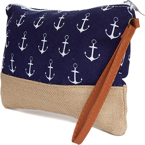 Miniatura 3 de Bolsa de cosméticos de lona de algodón de dos tonos para maquillaje (10.5 pulgadas de ancho x 7.5 pulgadas de alto, ancla azul marino (fondo de