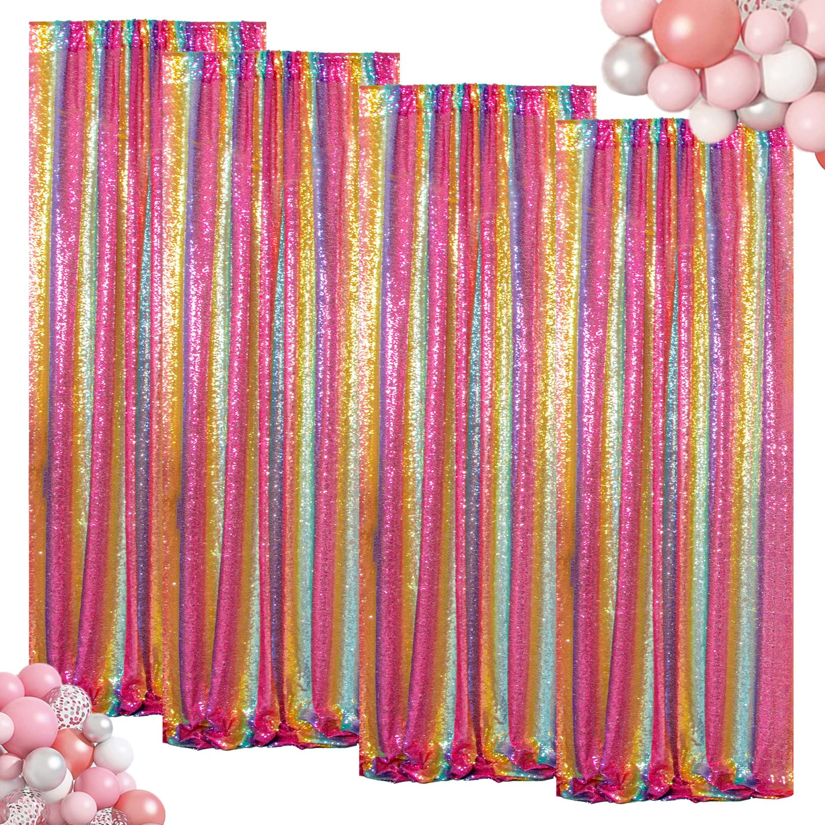 ShinyBeauty 4Pcs 2FTx8FT Rainbow Sequin Backdrop Curtains - Sparkly Photo Background for Parties, Weddings, Baby Showers, and Events - Durable and