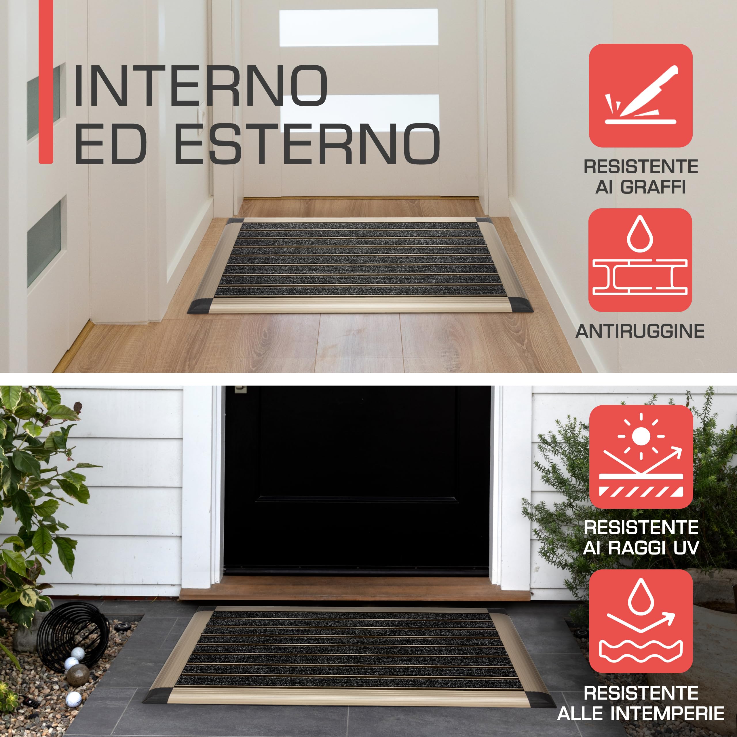 bomoe zerbino in alluminio per porte d'ingresso con passatoia in gomma | 50x80cm Champagne metallizzato tappetino per uso esterno e interno Antiscivolo battitappeto raschietto scarpe AluGant