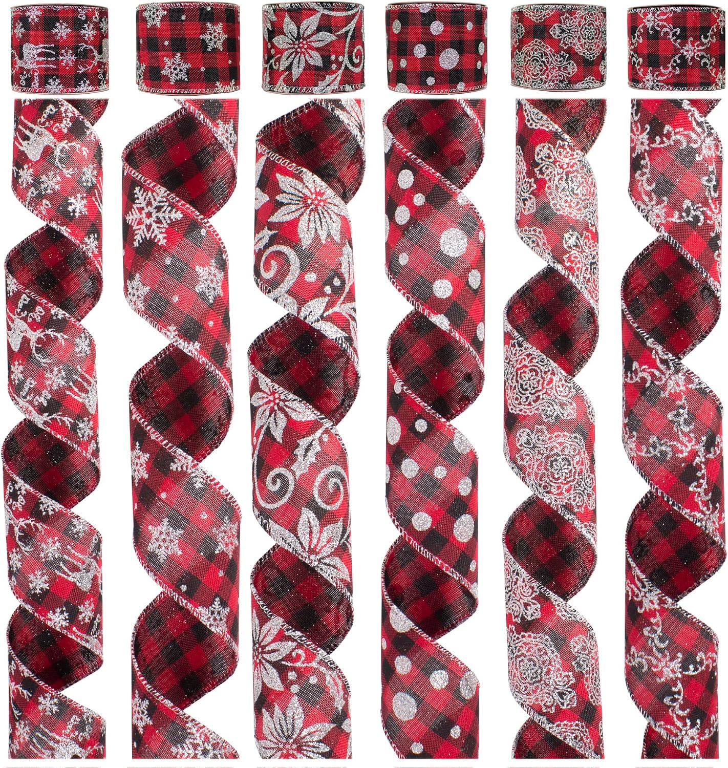 iPEGTOP 36 Yards 2.5" Wired Burlap Buffalo Checkered Christmas Ribbon, Jute Gift Wrapping Ribbon Wreath Bows Garlands Swag Decorations, Assorted Fabric Ribbons (6 x 6 Yard) - Classic Red/Black Plaid