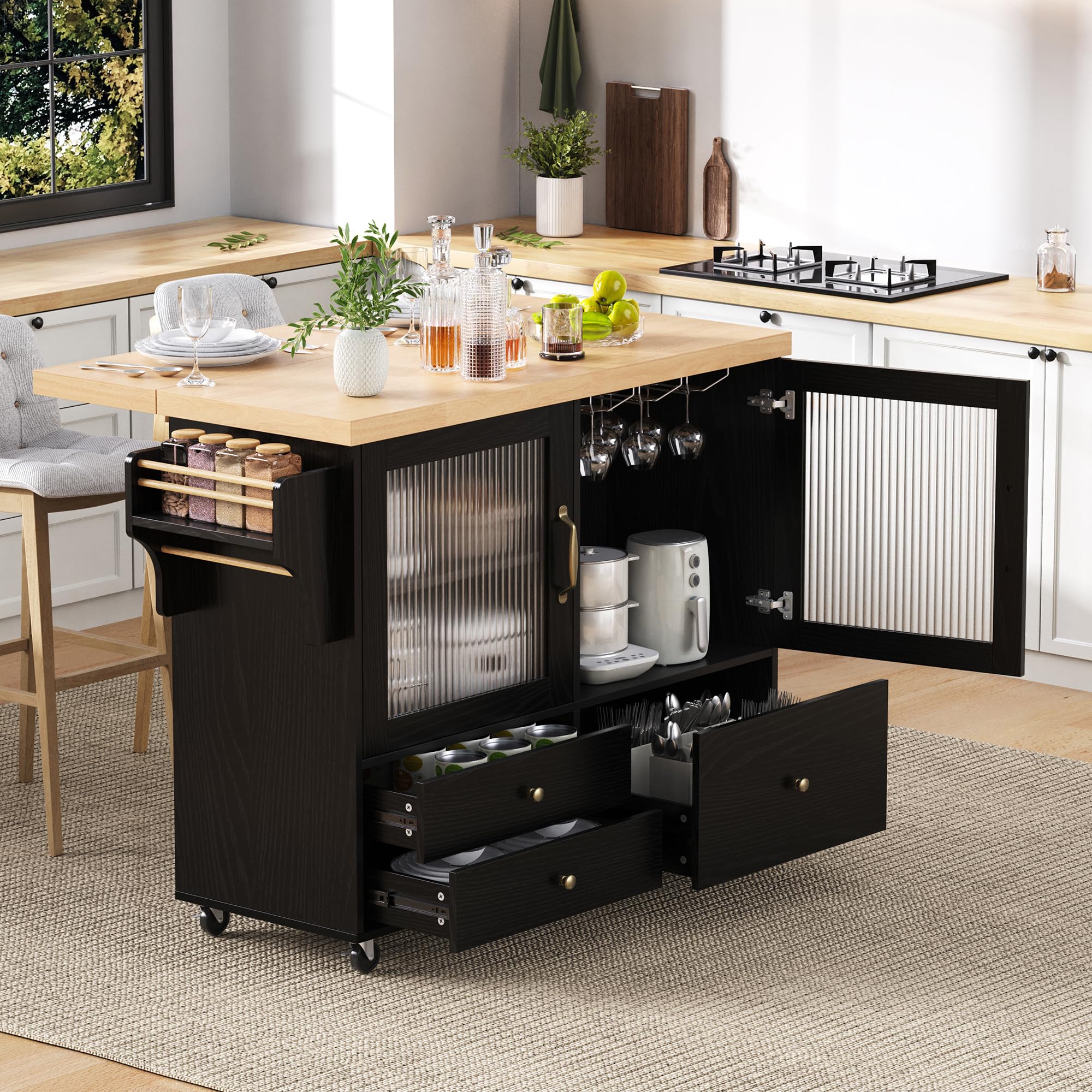 Muskel Isla de cocina móvil con mesa de comedor extensible, carrito de cocina con ruedas con soporte para copas de vino, encimera y espacio de almacenamiento, independiente para cocina, comedor y sala