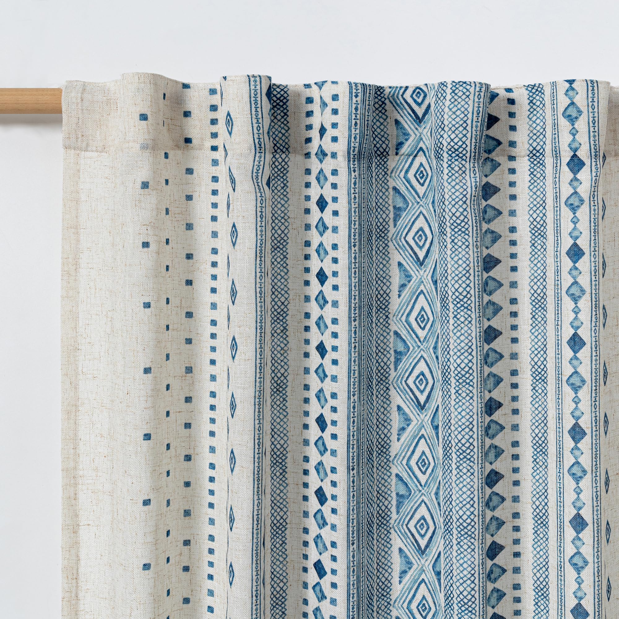 MYSKY HOME Boho 63 Inch Curtains Semi Sheer Linen Look for Bedroom Kitchen Bohemian Geometric Striped Style Farmhouse Home Decor Light Filtering Privacy Rod Pocket Drapes, 50x63 Inch, Blue, 2 Pcs
