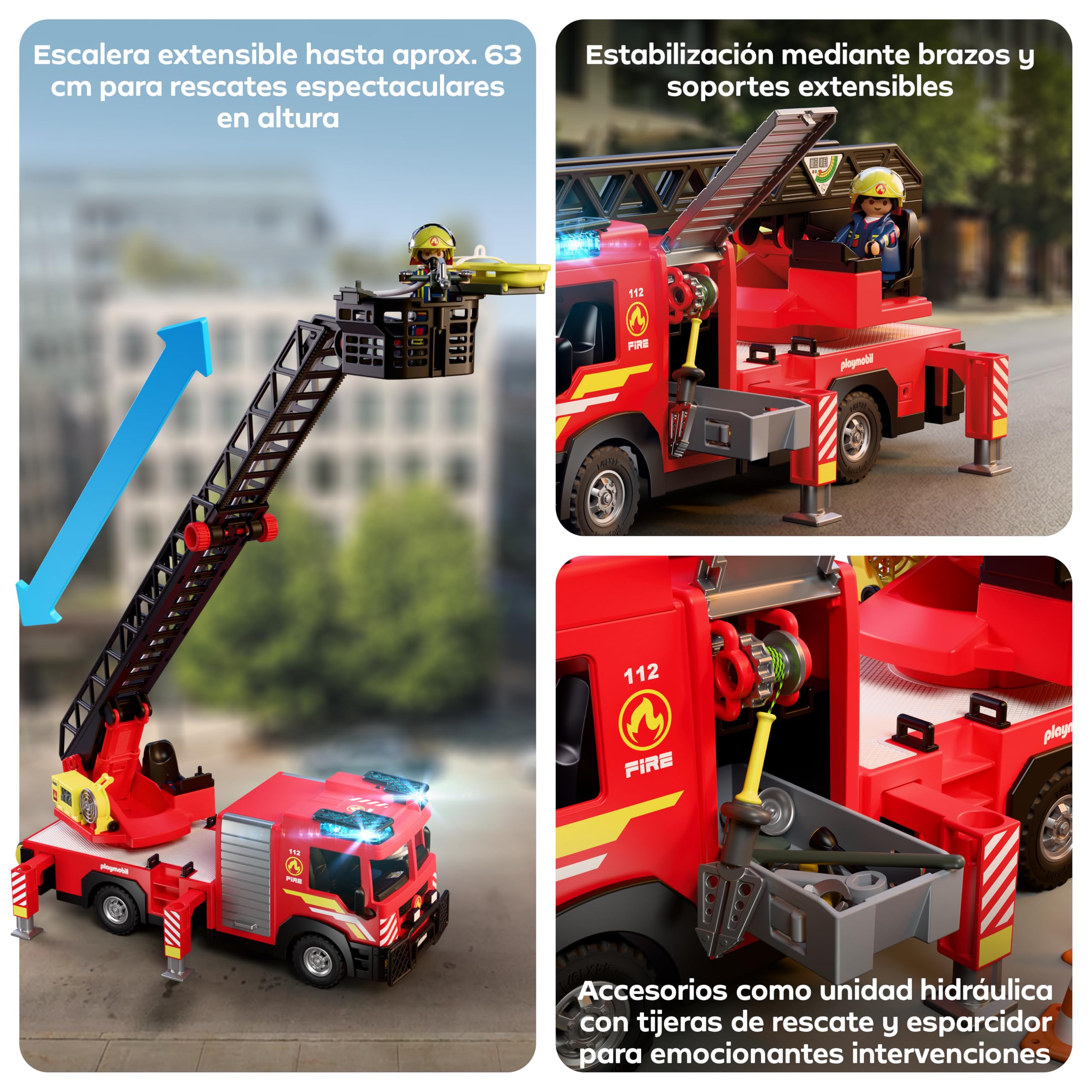 PLAYMOBIL | City Action | Camión de bomberos con escalera | Vehículo de emergencia con escalera de 63 cm, luz y sonido, equipo de rescate y numerosos accesorios | Para niños a partir de 4 años | 72192