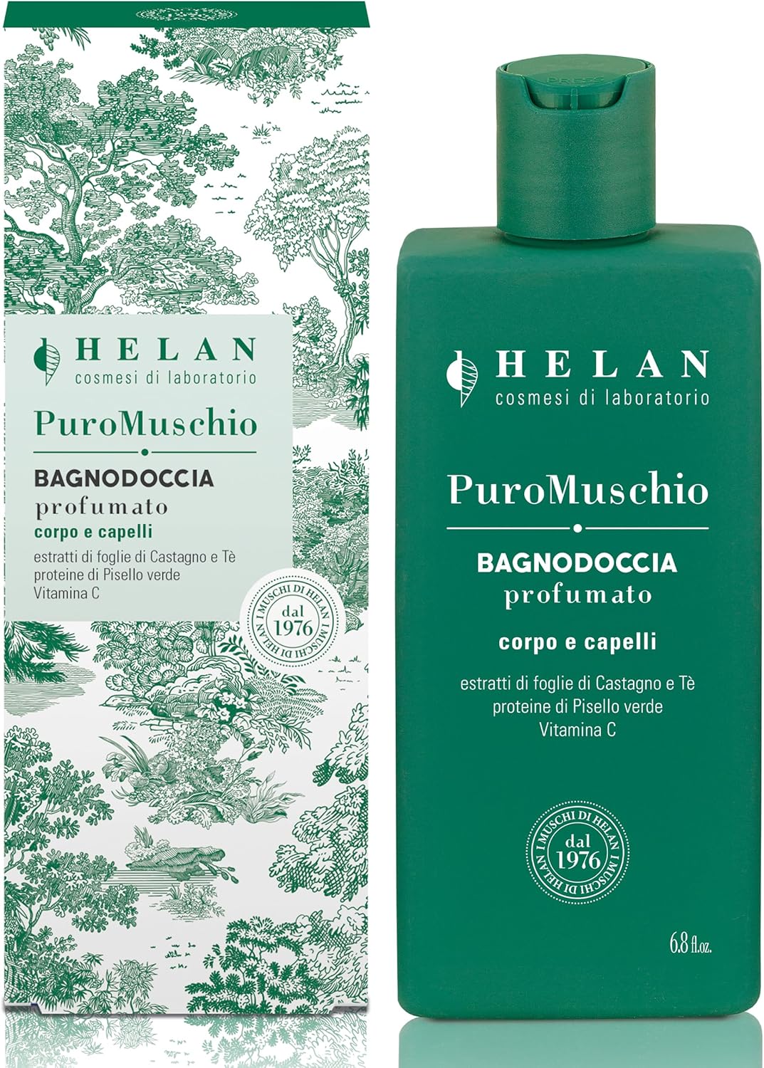 Helan Puro Muschio - Shampoo e Bagnoschiuma Uomo e Donna 2in1 con Vitamina C Antiossidante, Delicato per Pelle Morbida - Docciaschiuma Gel Corpo e Capelli 94% di Origine Naturale, Made in Italy, 200ml