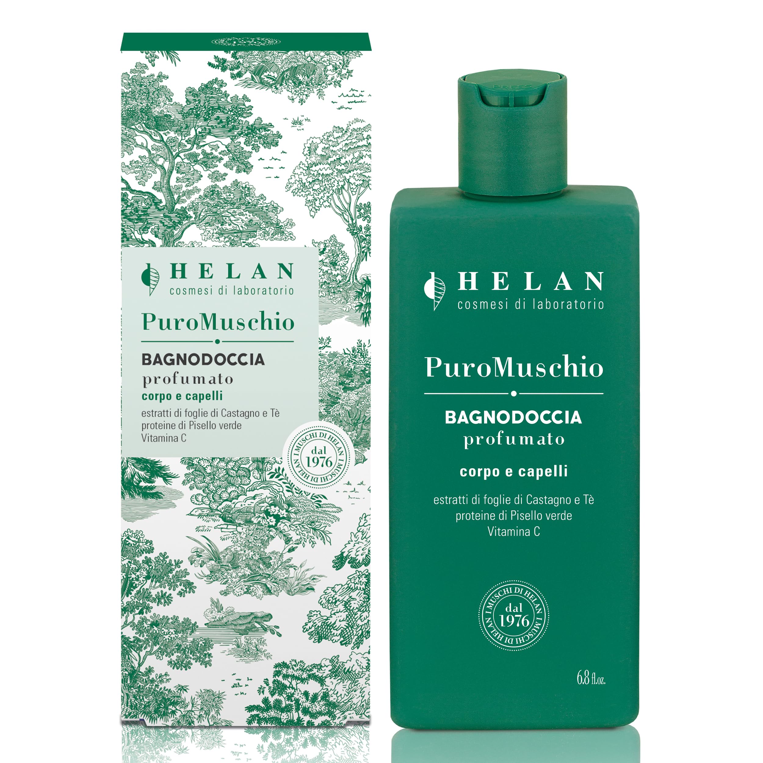 Helan Puro Muschio - 2-in-1 Shampoo and Shower Gel for Men and Women with Antioxidant Vitamin C, Gentle for Soft Skin
