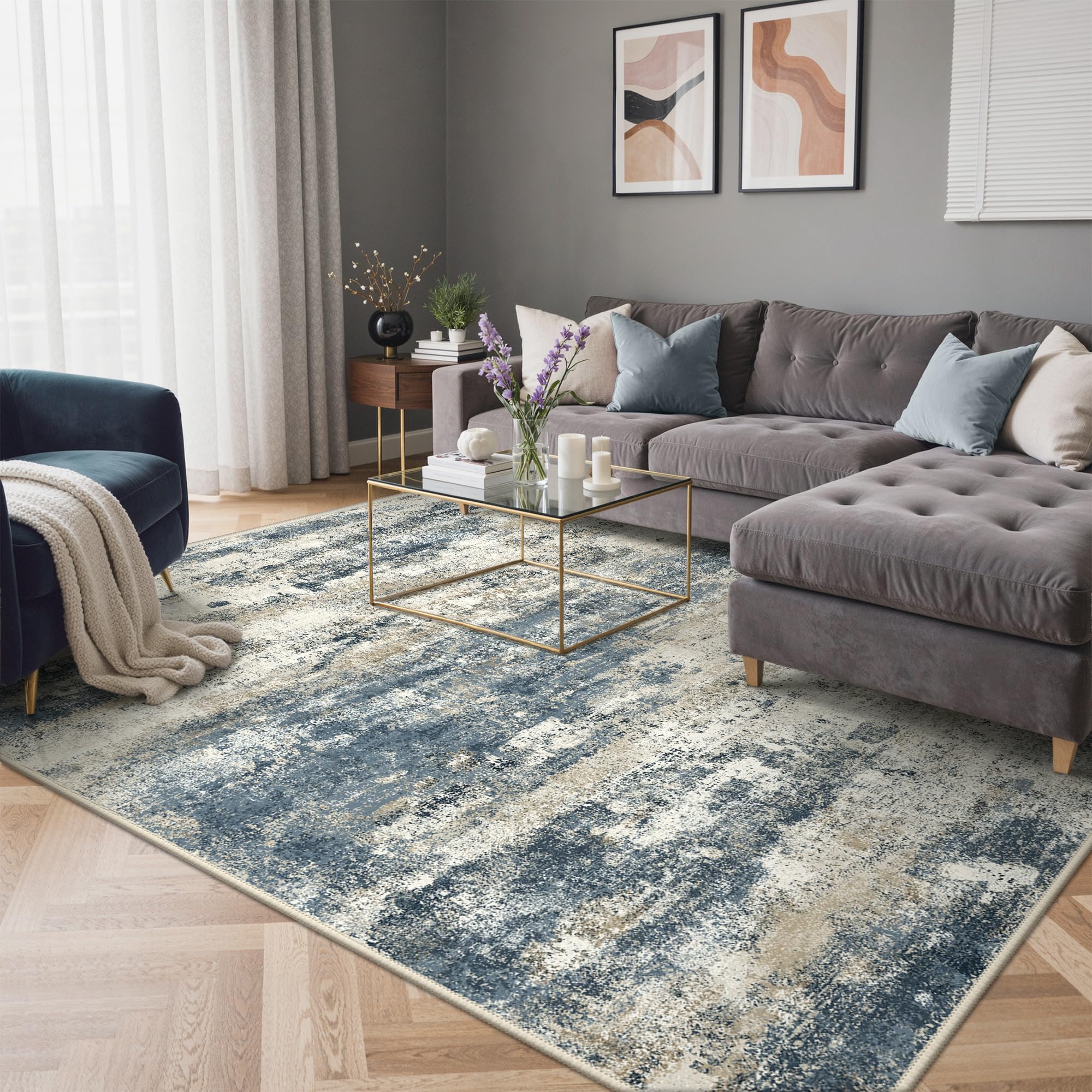 BEIMO Washable Rugs 160x230cm, Nursery Living Room Rug Modern Abstract Area Rugs for Bedroom Soft Low Pile, Non-Slip Rugs for Living Room, Dining Room, Slate Blue & Taupe Beige Tones