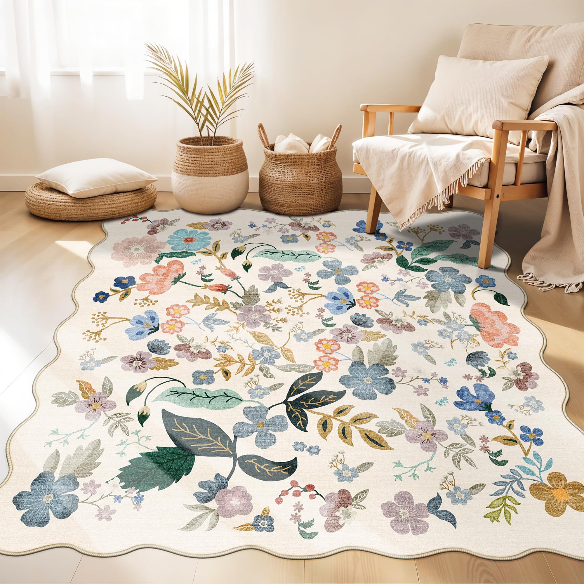 Washable 4x4 Square Area Rug: Floral Scalloped Soft Rugs for Living Room Bedroom Non Slip Bathroom Nursery Floor Mat Water Resistant Low Pile Carpet for Kitchen Entryway (4x4,Cream) โ image 1