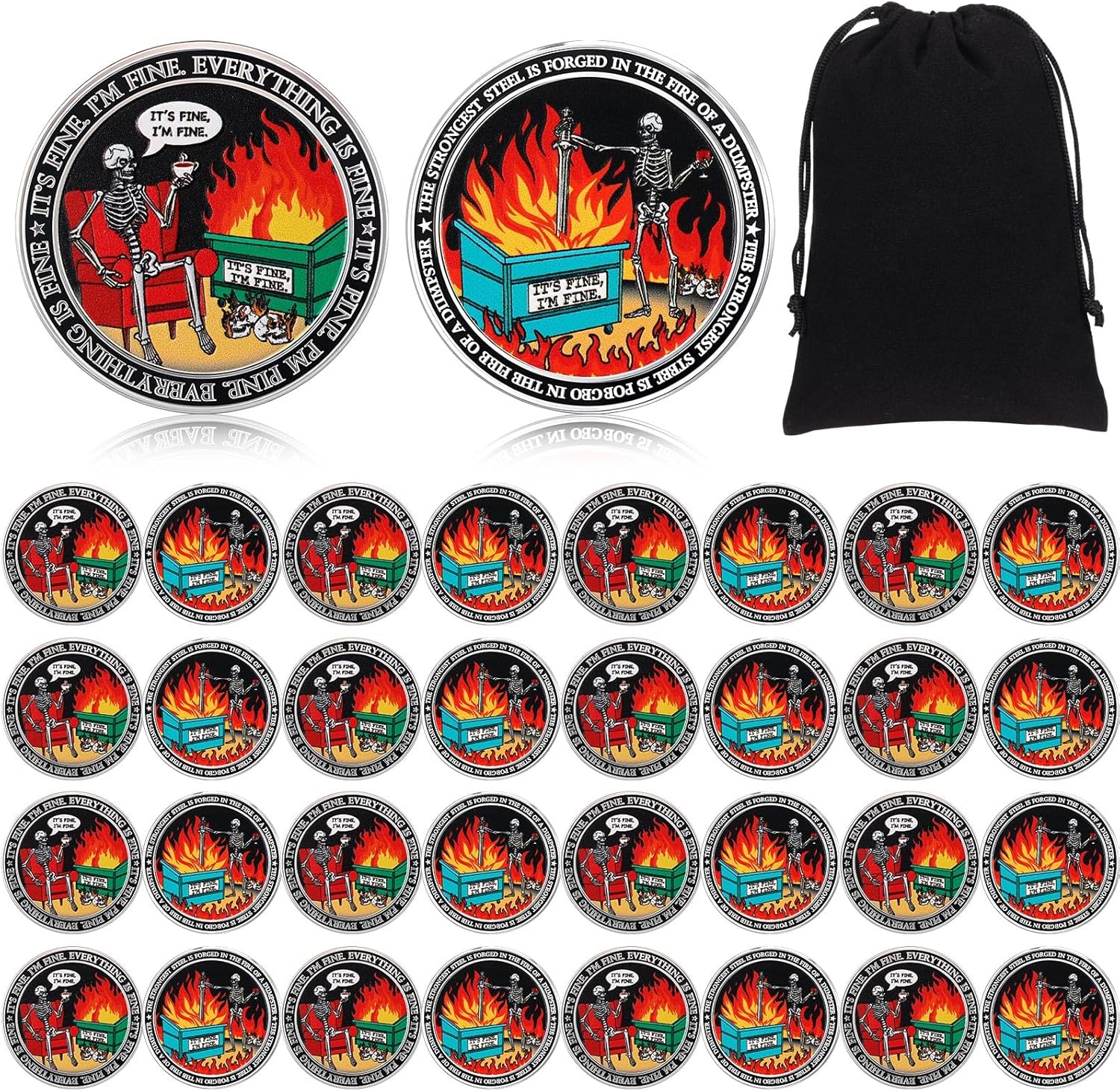 Liliaafar 30 Pcs Skull Dumpster Fire Challenge Coins Double Sided The Strongest Steel is Forged Dumpster Fire Desk Accessories Staff Appreciation Gifts for Employee Team Coworker Firefighter