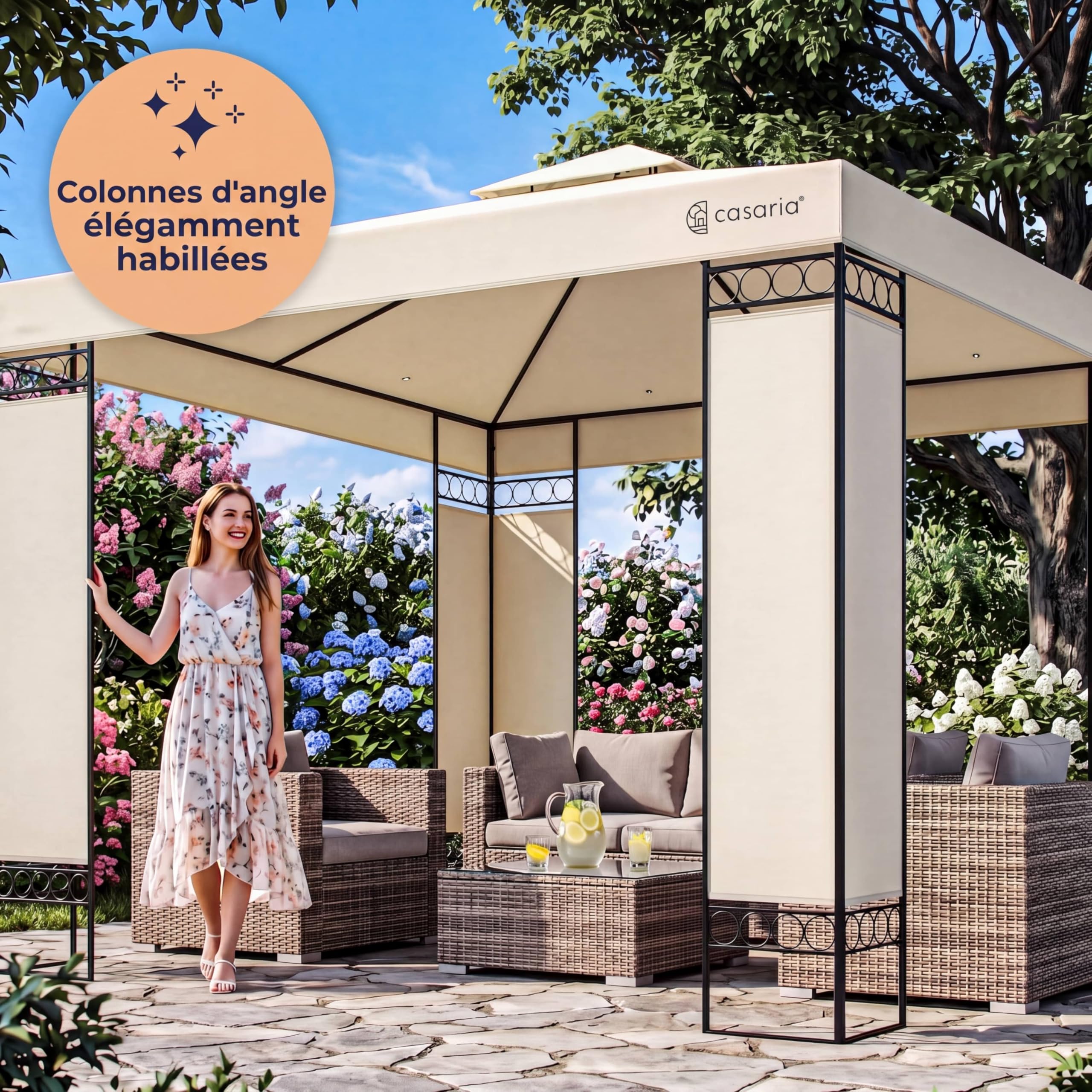 Pavillon Lorca 3x3 m métal Toile Hydrofuge Protection UV 50+ Tente de réception tonnelle de Jardin pergola mobilier extérieur crème