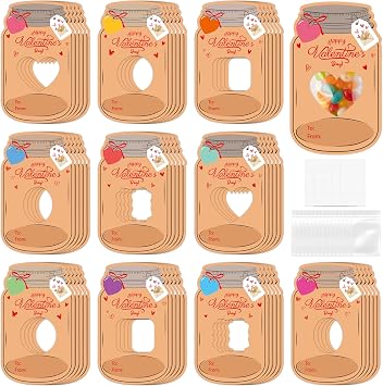 TICIAGA Mason Jar Valentines Day Cards - 50 Pack Mason Jar Valentine Exchange Cards with Treat Bags Bulk for Kids, Funny Exchange Gifts for Boys Girls Classroom Valentines PartyCandy Not Included