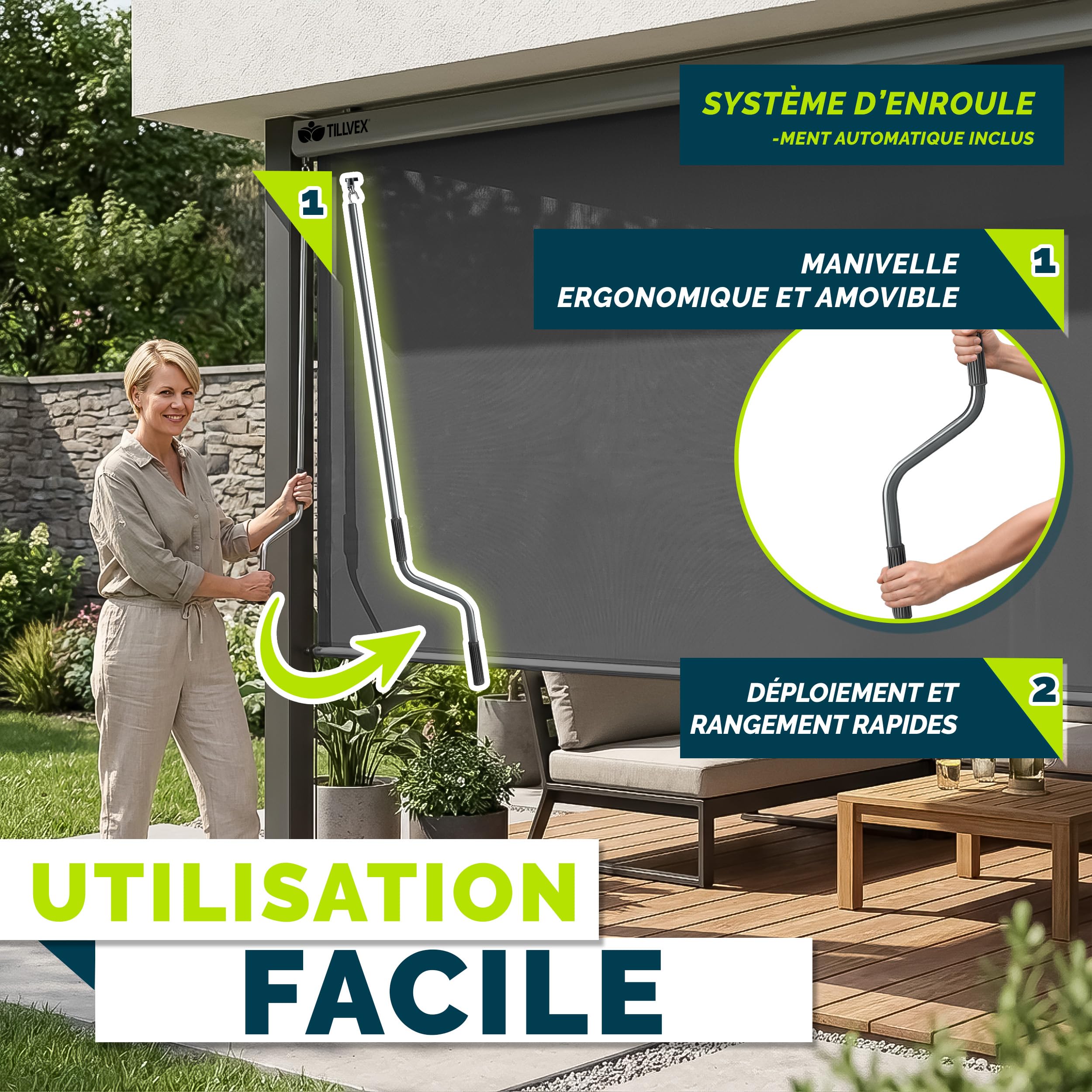 tillvex® Store Vertical pour extérieur et intérieur 180 x 250 cm + Housse de Protection - Store extérieur imperméable avec manivelle pour Balcon, Terrasse et Jardin - Protection Solaire en Aluminium