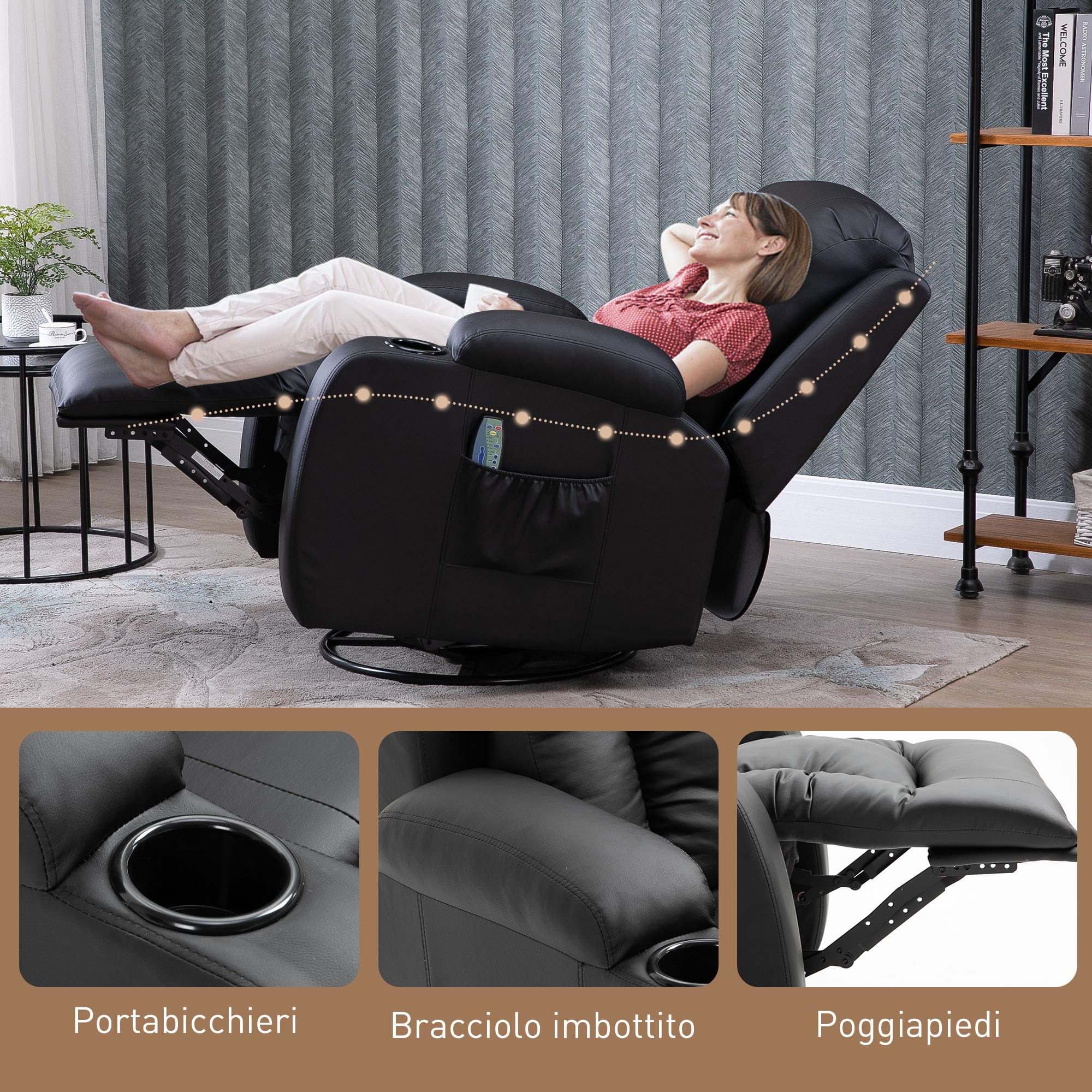 HOMCOM Poltrona Massaggiante Reclinabile Manuale 145° Riscaldante, 8 Punti di Massaggio, Poltrona Relax Girevole con Dondolo, Poggiapiedi, Telecomando, Portabicchieri, Tasche Laterali, Pelle PU, Nero