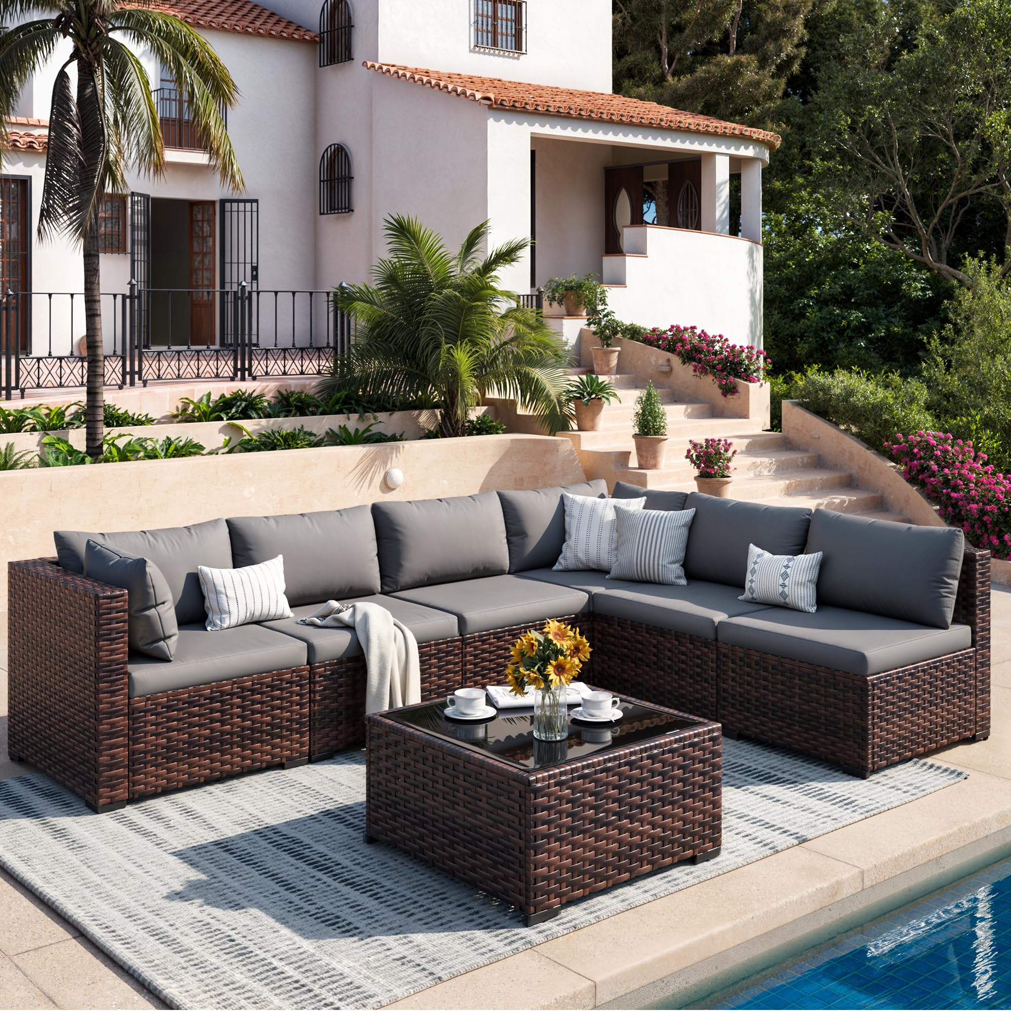 patio furniture set, 7-piece outdoor sectional rattan sofa set with coffee table (armless chair only)