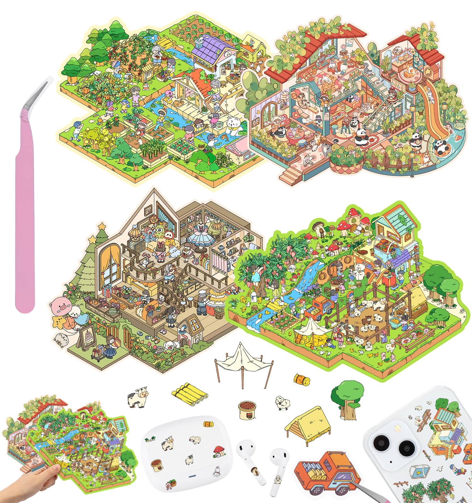 DIY 3D House Stickers, 4 Sets Fun DIY Stickers Scene Make Your Own Mini House Cute Cartoon Animal Scene Stickers for Kids Adult Sticker Art Relief