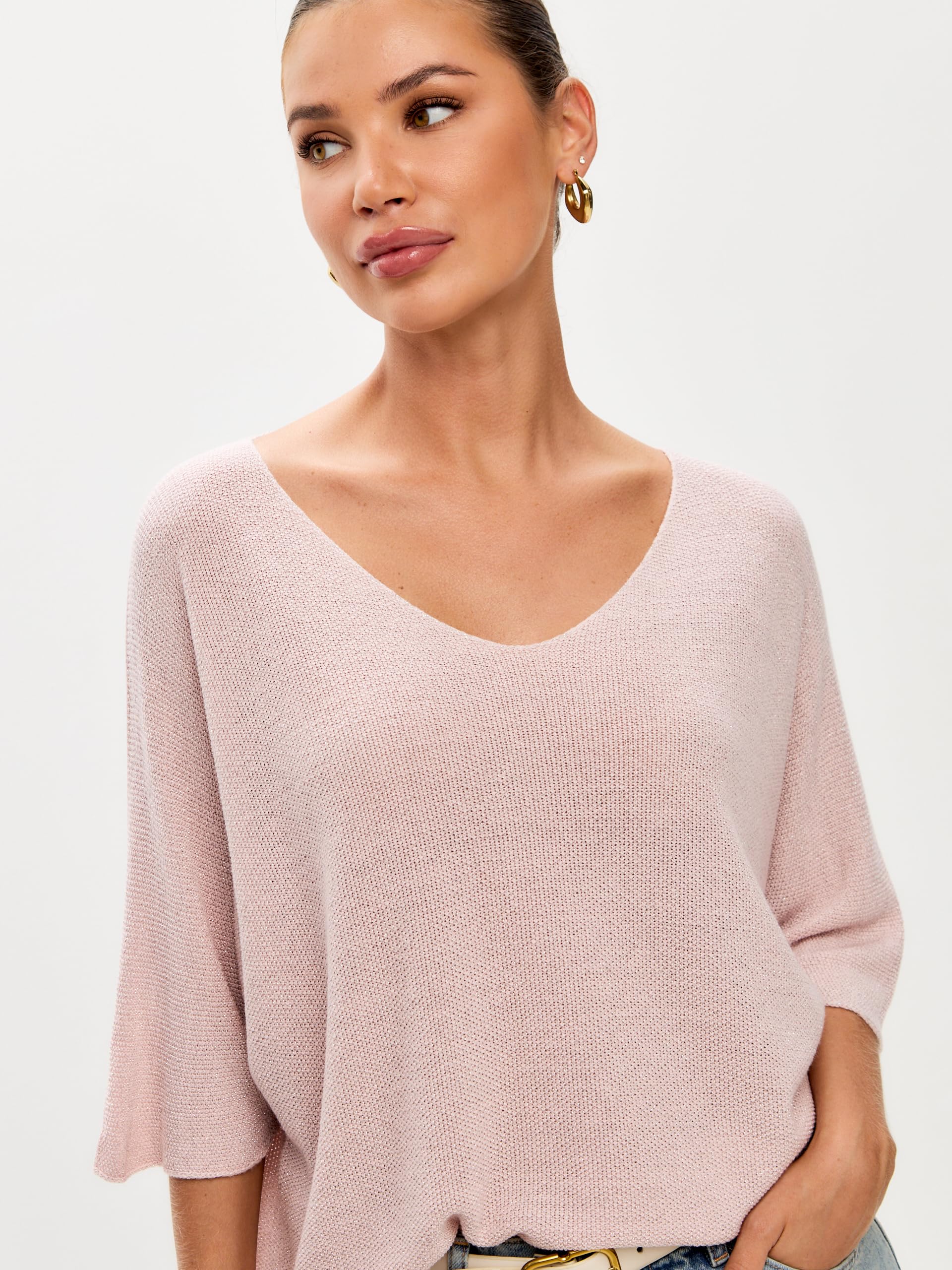 Feinstrickpullover Damen V-Ausschnitt dünner Pullover Damen Oversize Leichter eleganter Glitzer Lurex Pullover Frauen, Made in Italy