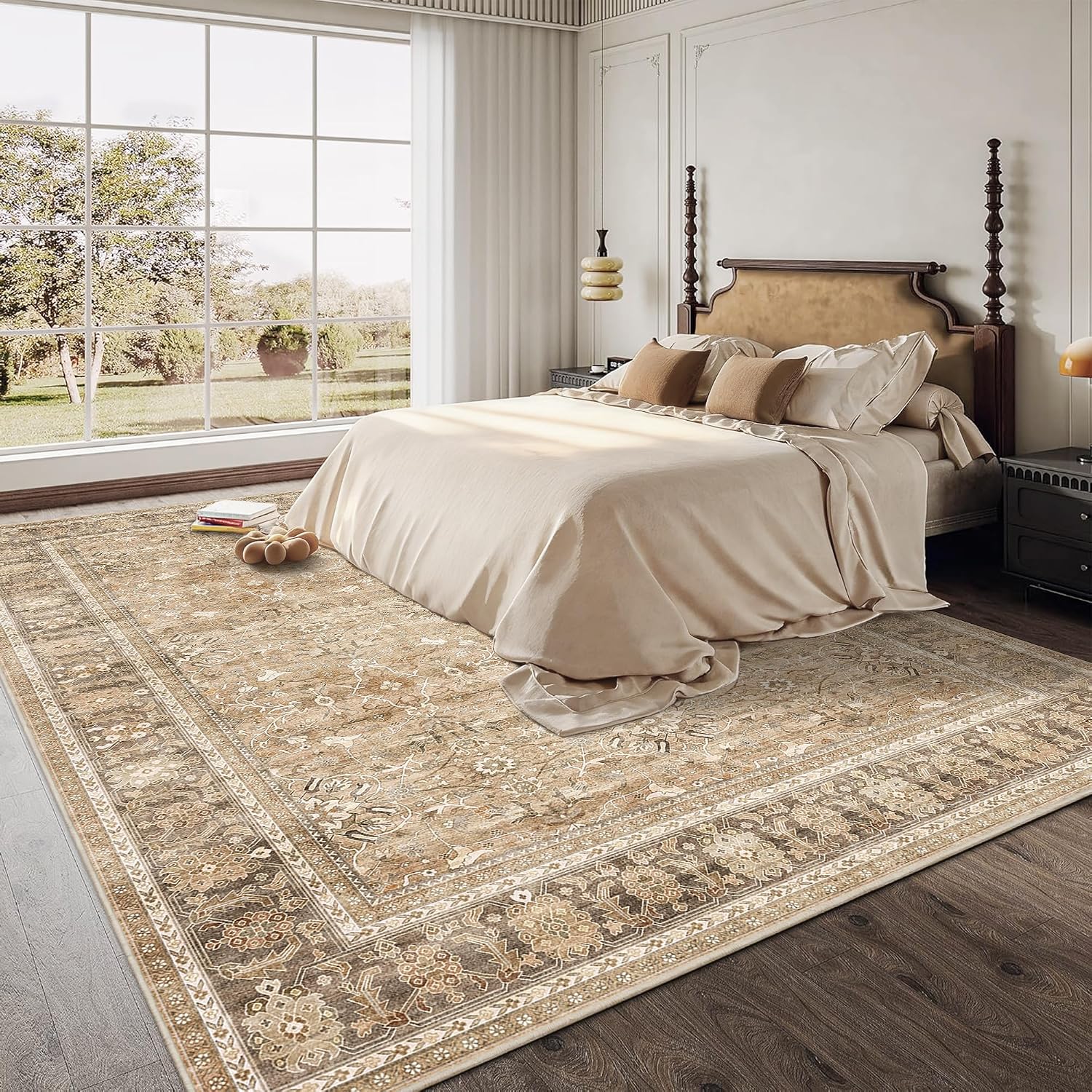 HelloTree Washable Rugs 8x10 Area Rug for Living Room, Vintage Boho Khaki Rug Non Slip Carpet Retro Accent Indoor Mat Print Distressed Low Pile Throw Large Rug for Office Dining Room Bedside-Khaki