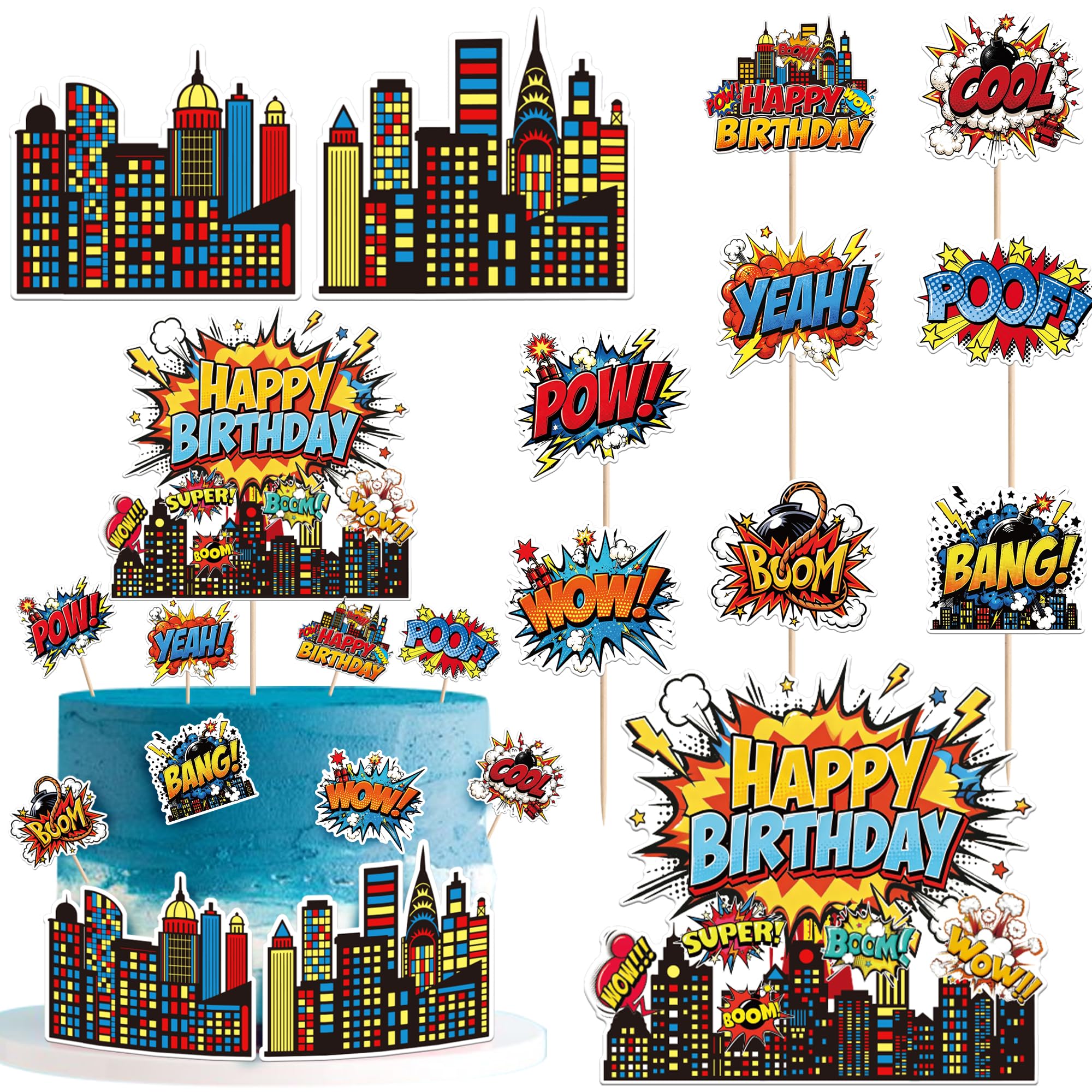 Xsstarmi 11 Pack Super Boom Cake Topper Decorations with Poof Pow Bang Yeah Cool Birthday Cake Pick for Hero Theme Baby Shower Birthday Party Cake Decorations Supplies