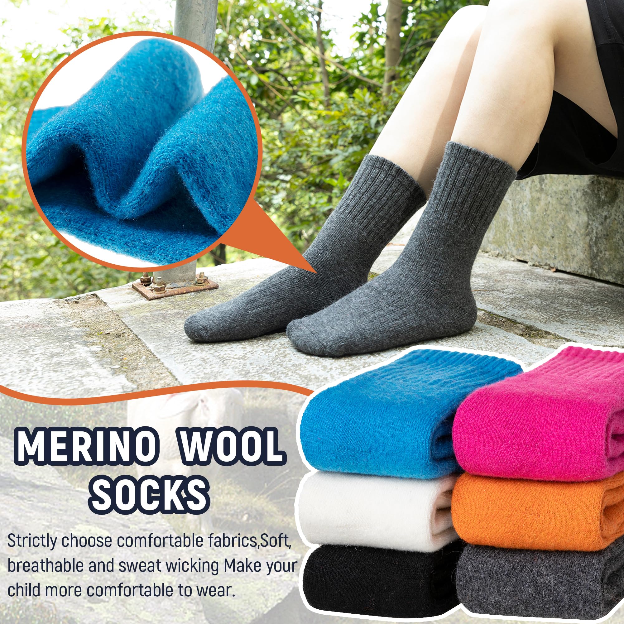 AMENLAN Kids Merino Wool Hiking Socks Boy Girls Winter Thick Boot Cushion Warm Thermal Crew Socks 6 Pairs (Solid Color,13-15 Years)