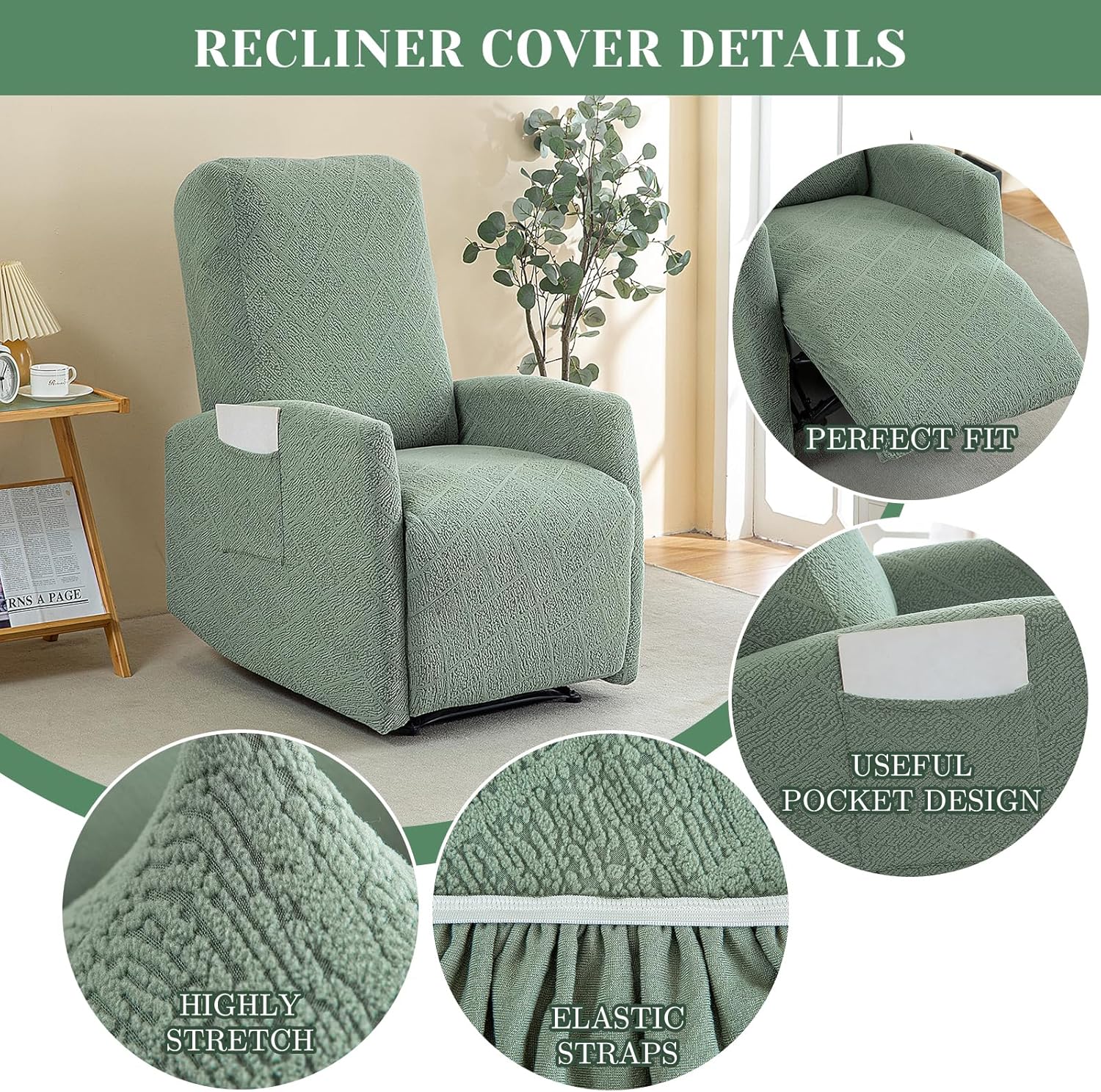 Recliner Chair Covers 4 Pieces Jacquard Small Recliner Sofa Slipcover Stretch Recliner Slipcover for Lazyboy Recliner Chair with Storage Pocket Furniture Protector for Living Room,Green