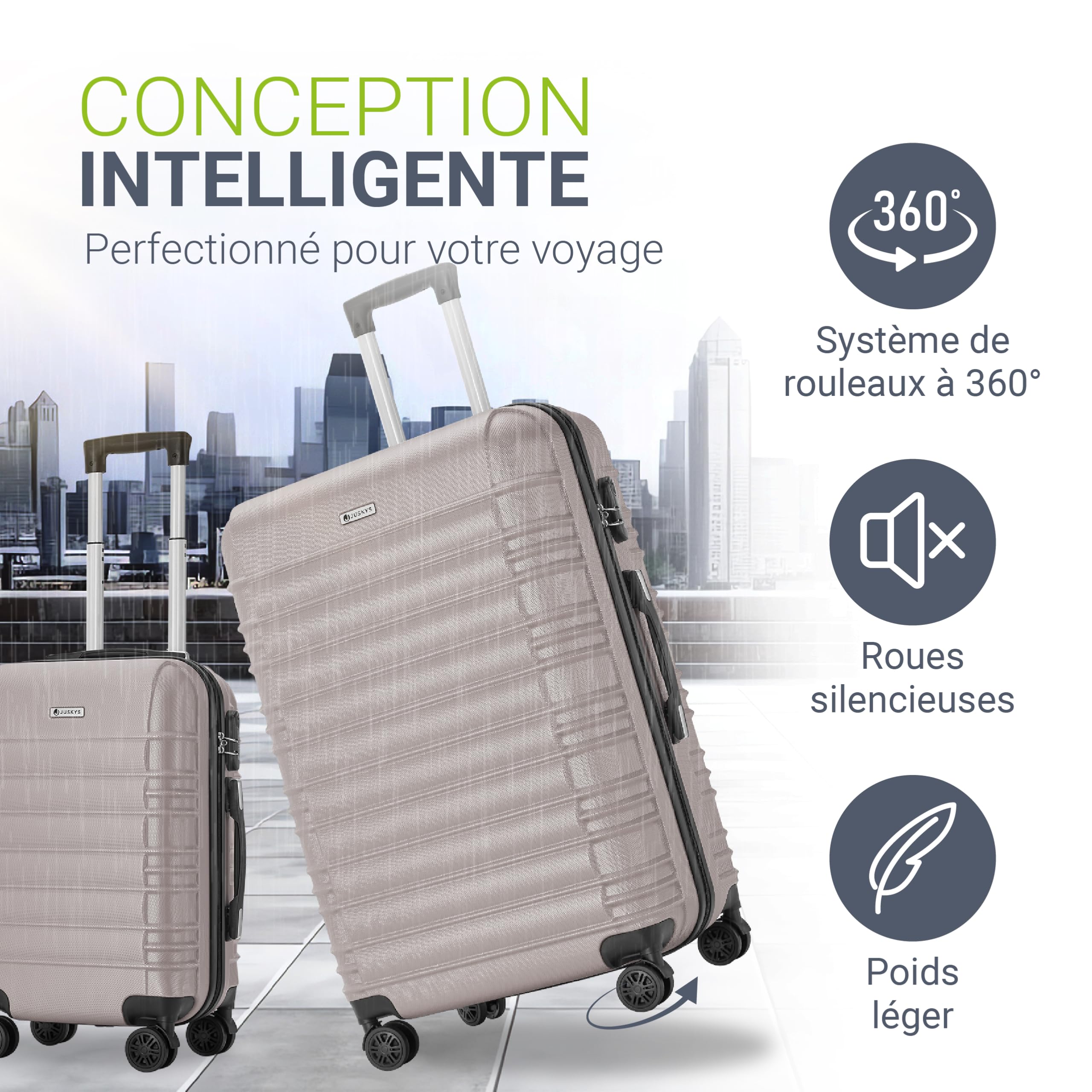 Juskys Set valises rigides 3 pièces – Valises de Voyage avec roulettes 360°, Serrure à Code, poignée télescopique – ABS – Champagne