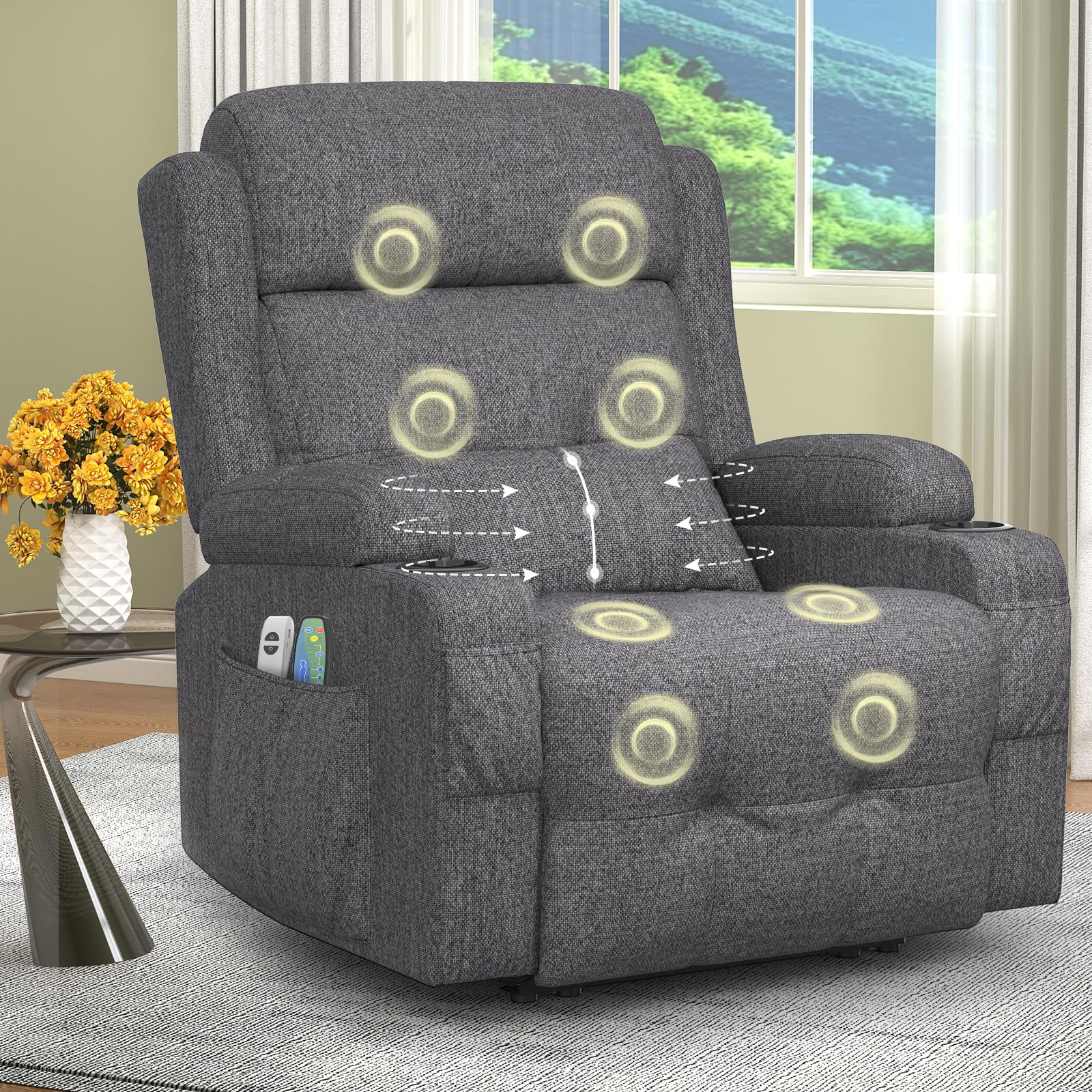 SQUEBILIFE Sillón Relax Reclinación 150º Electrico Sillón de Masaje con Calefacción, Puerto USB+Tipo C, 2 Portavasos 4 Bolsillos Laterales Sillón Reclinable con Almohada Adicional, Pie Extensible