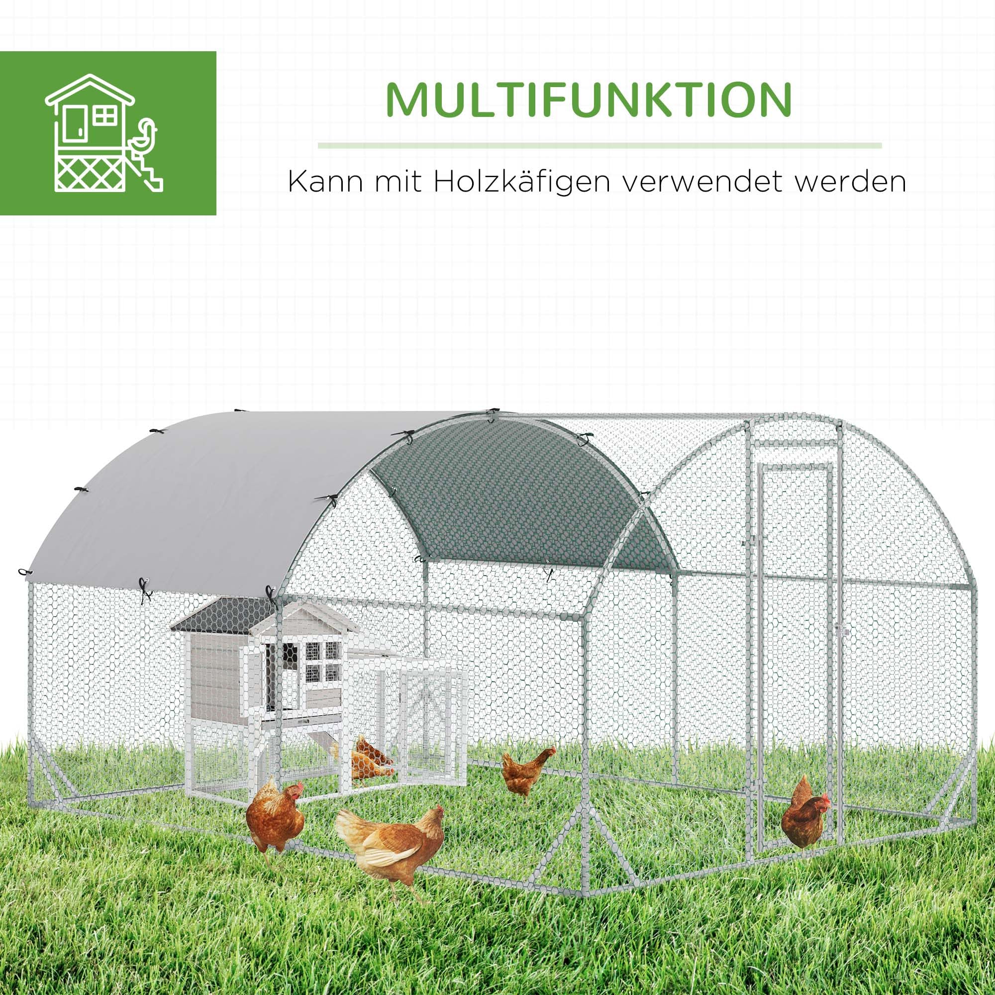 PawHut Hühnerstall Freilaufgehege aus Stahl, 280 x 380 x 197 cm Hühnerkäfig mit UV-beständiger Abdeckung, Tür, Hühnergehege für 6-12 Hühner, Kleintiere, Silber