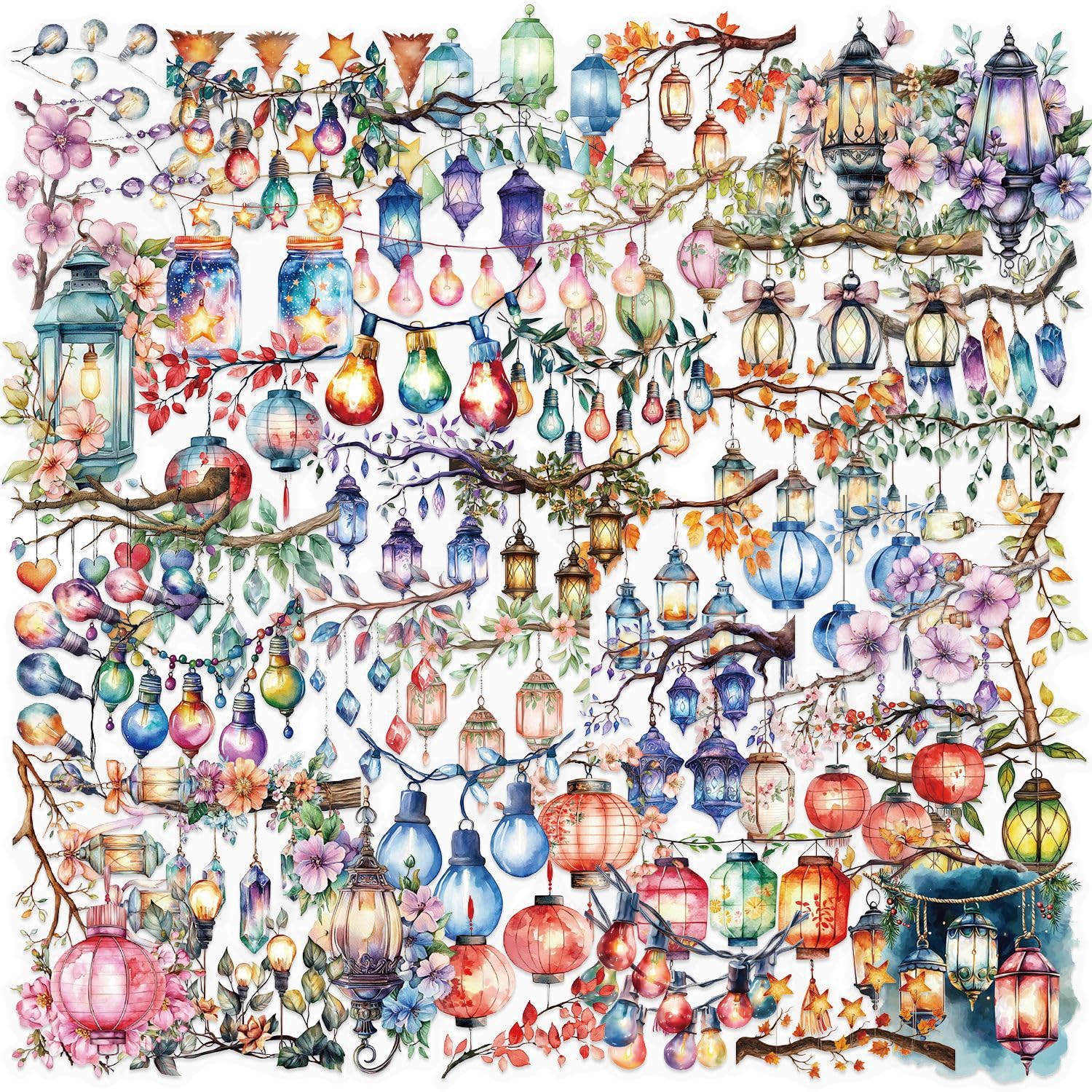 50PCS Colorful Lantern Sticker for Journal Skateboard Computer Bike Water Bottle Laptop Luggage Notebook DIY Crafts Girls Bedroom,Transparent Aesthetic Waterproof Decals for Adults Teens Girls
