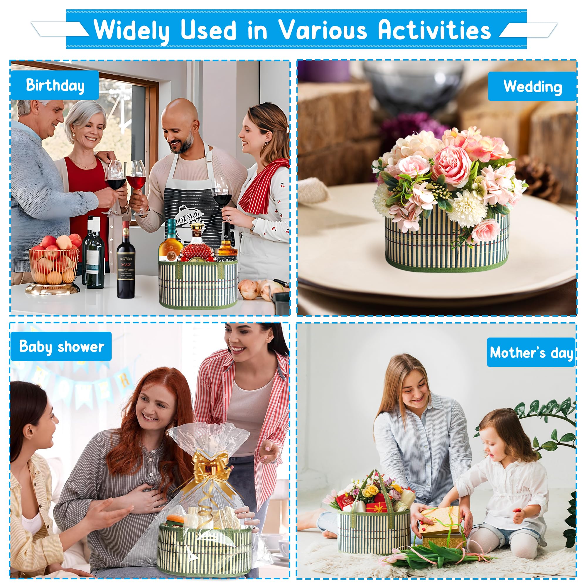Set di 3 cesti per regali vuoti, cesti regalo vuoti, cesti regalo in bambù intrecciato, robusti cesti regalo da donna per feste di compleanno, 3 sacchetti in cellophane, 3 biglietti regalo, cesto