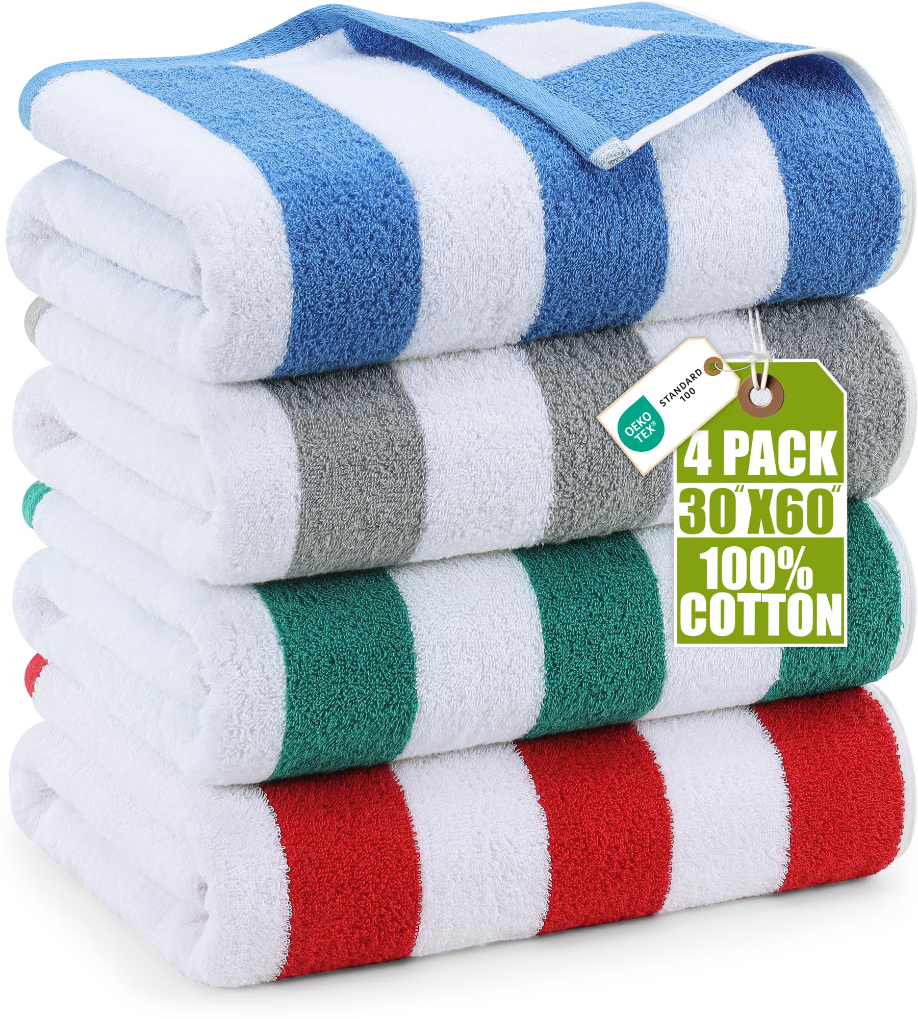 Utopia Towels Pack of 4 Cabana Beach Towels Oversized 30 x 60 Inches Cotton Beach Towel Set Smooth