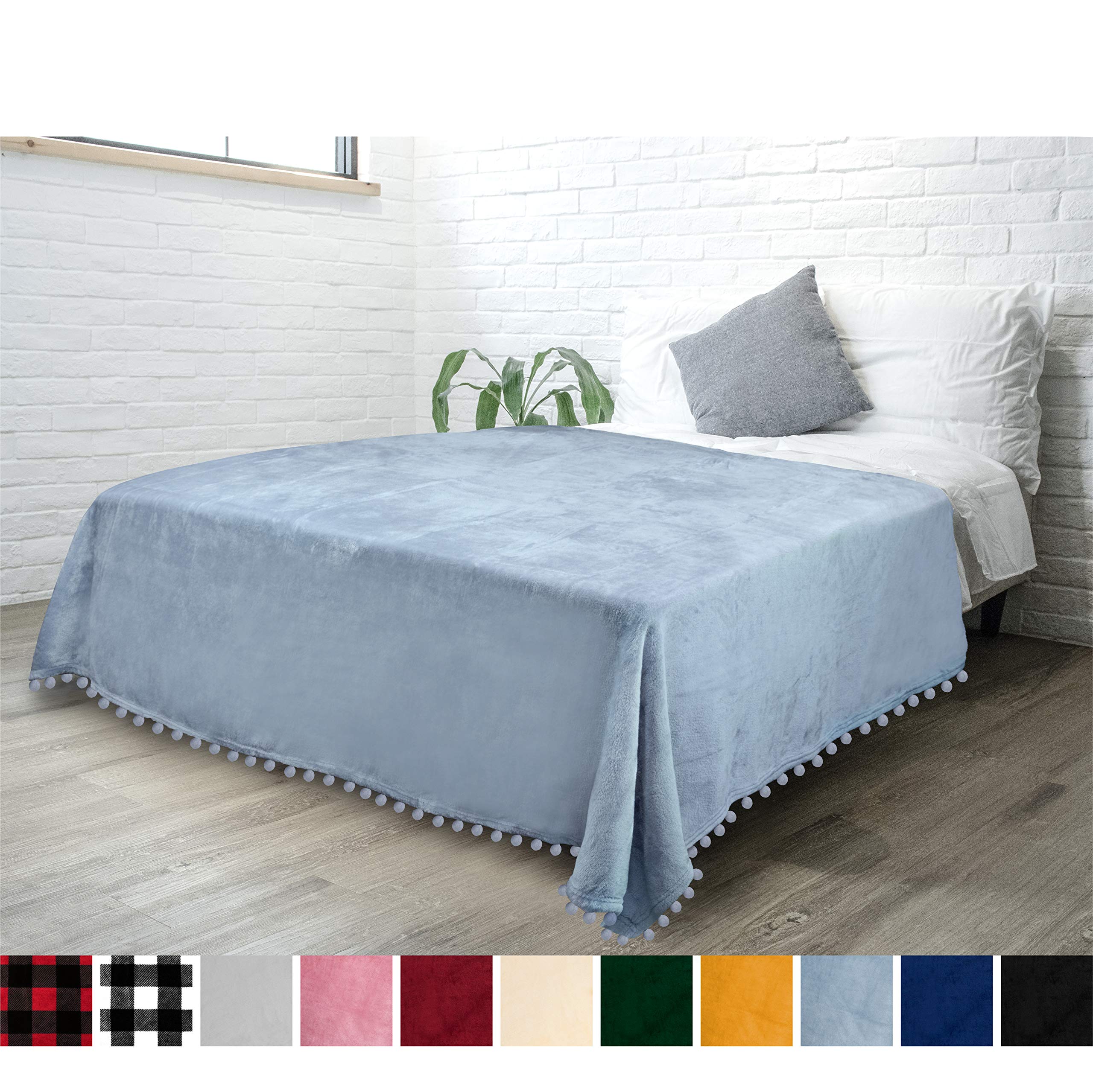 PAVILIA Fleece Pom Pom Blanket Throw Sofa Twin Bed Couch Dusty Blue, Soft Fuzzy Cozy Lightweight Pompom Fringe Blanket, Decorative Boho Room Home Decor Gift Flannel Throw, Slate Light Blue, 60x80 inch