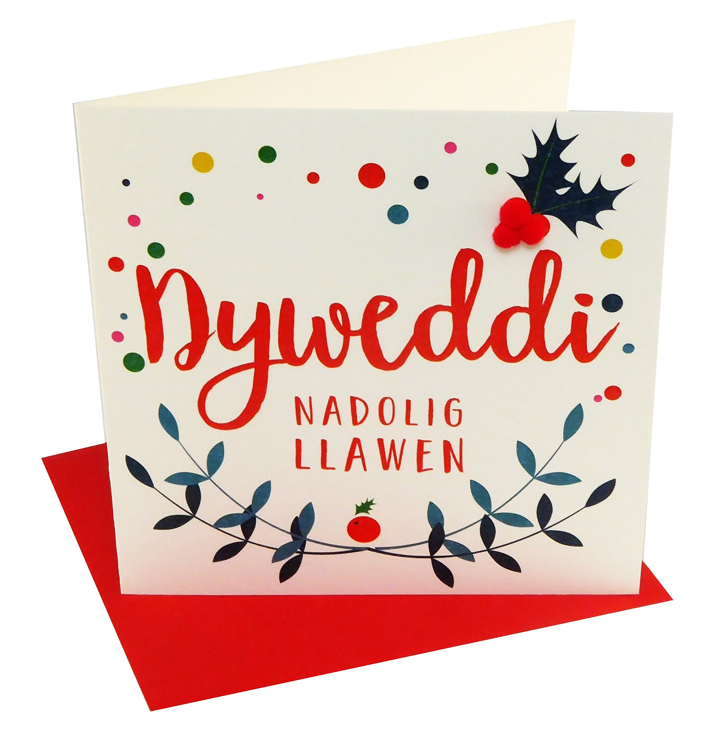 Claire Giles Greeting Cards, Welsh Happy Christmas Fiancé Card, Nadolig Llawen Dyweddi, Embellished with Colourful Pompoms