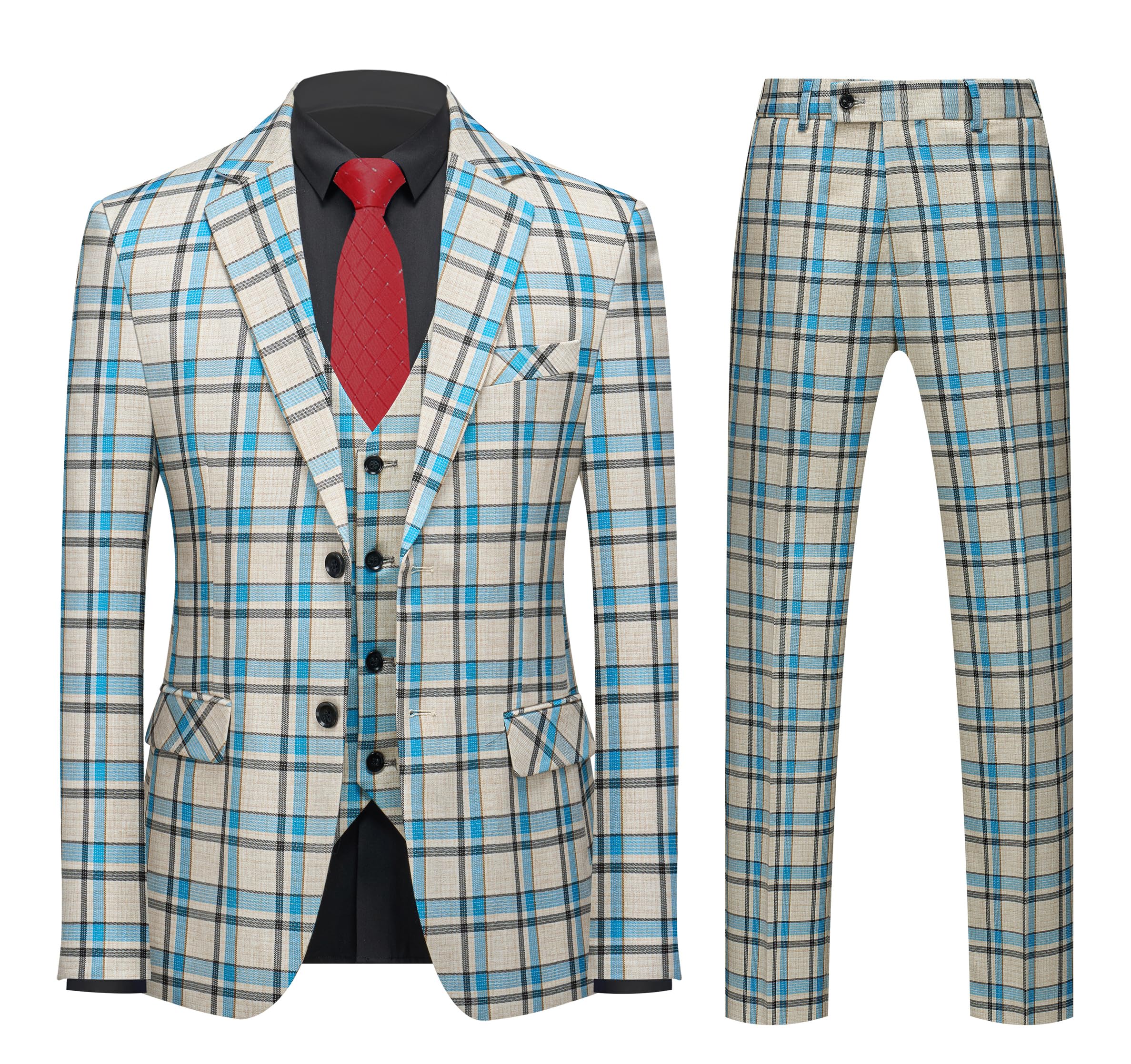 MOGU Mens 3 Piece Slim Fit Plaid Suit Blazer Jacket+Vest+Pants