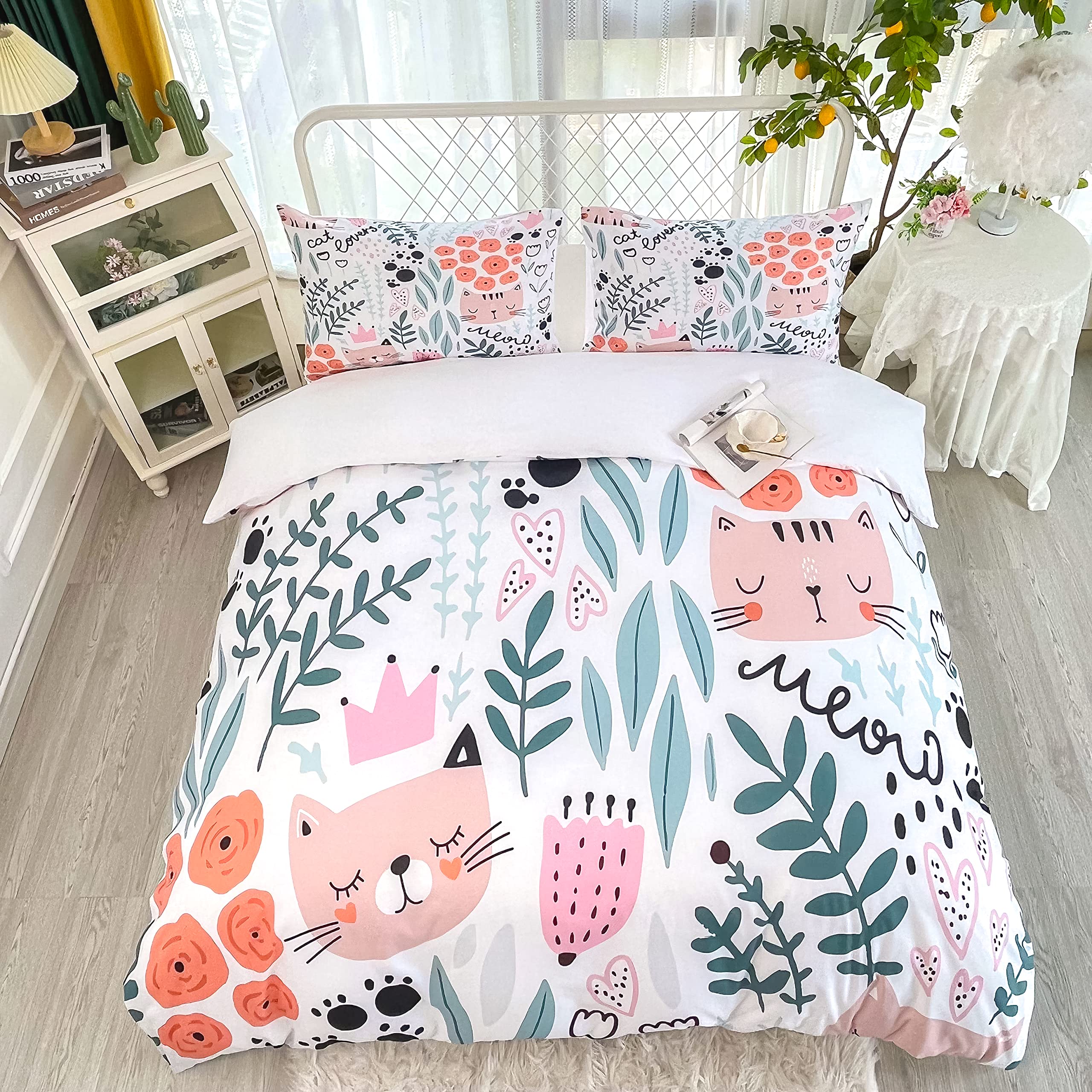 CVHOUSE Cat Duvet Cover Set,Cat Bedding Set for Kids,Cartoon Cat Comforter Cover Set,Full Size,1 Quilt Cover 2 Pillowcases 3 Piece, A12,