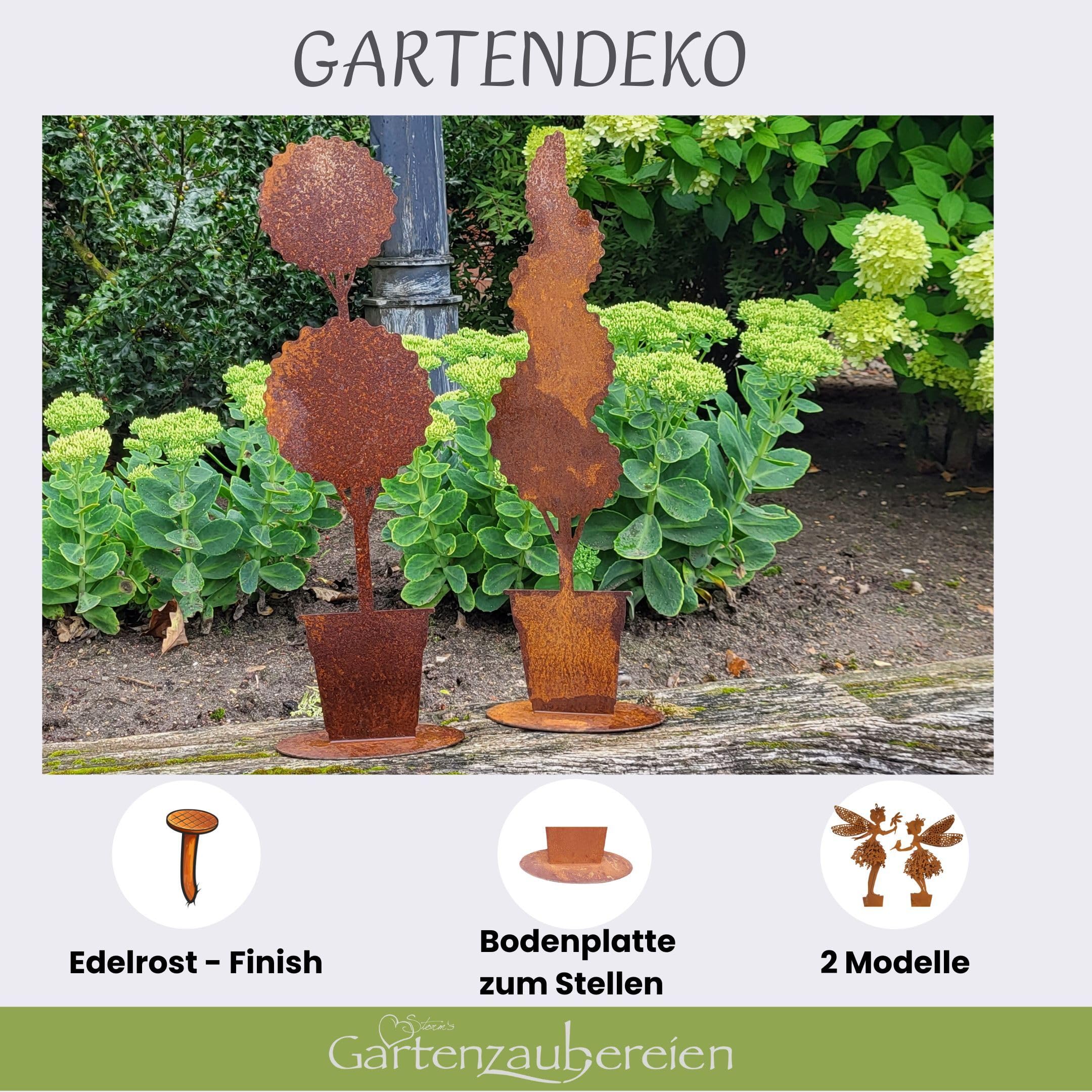 Storm's Gartenzaubereien Metalldeko in Rost Baum im 2er Set mit Formschnitt 57cm zum Stellen Edelrost Deko für Balkon und Terrasse