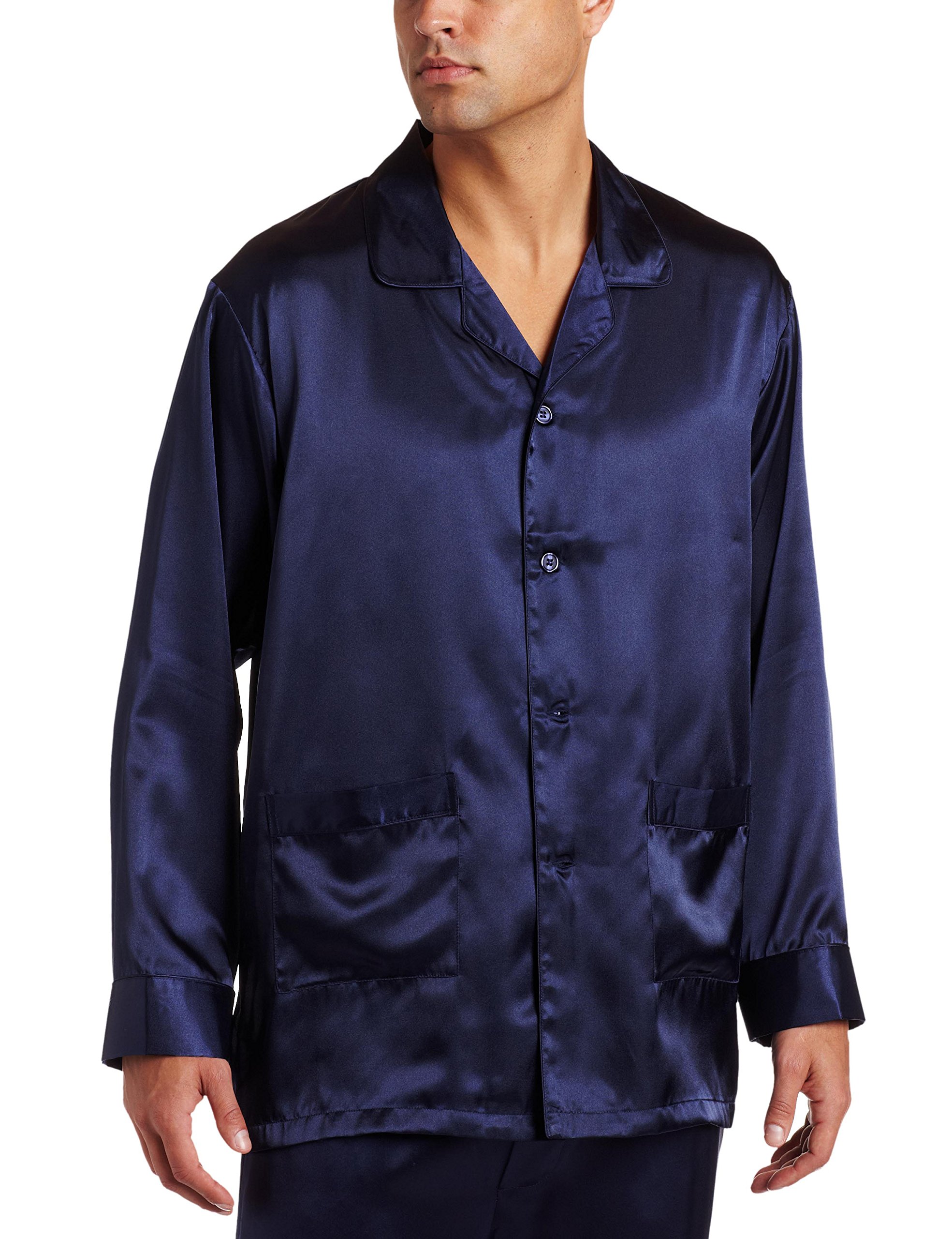 Men's Poly Charmeuse 2 Pocket Button Front Pajama Top, Navy, Large-image-43