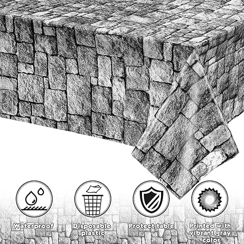 Miniatura 7 de Manteles de pared con temática medieval, suministros desechables de plástico con piedra de ladrillo, fundas de mesa de pared de ladrillo para