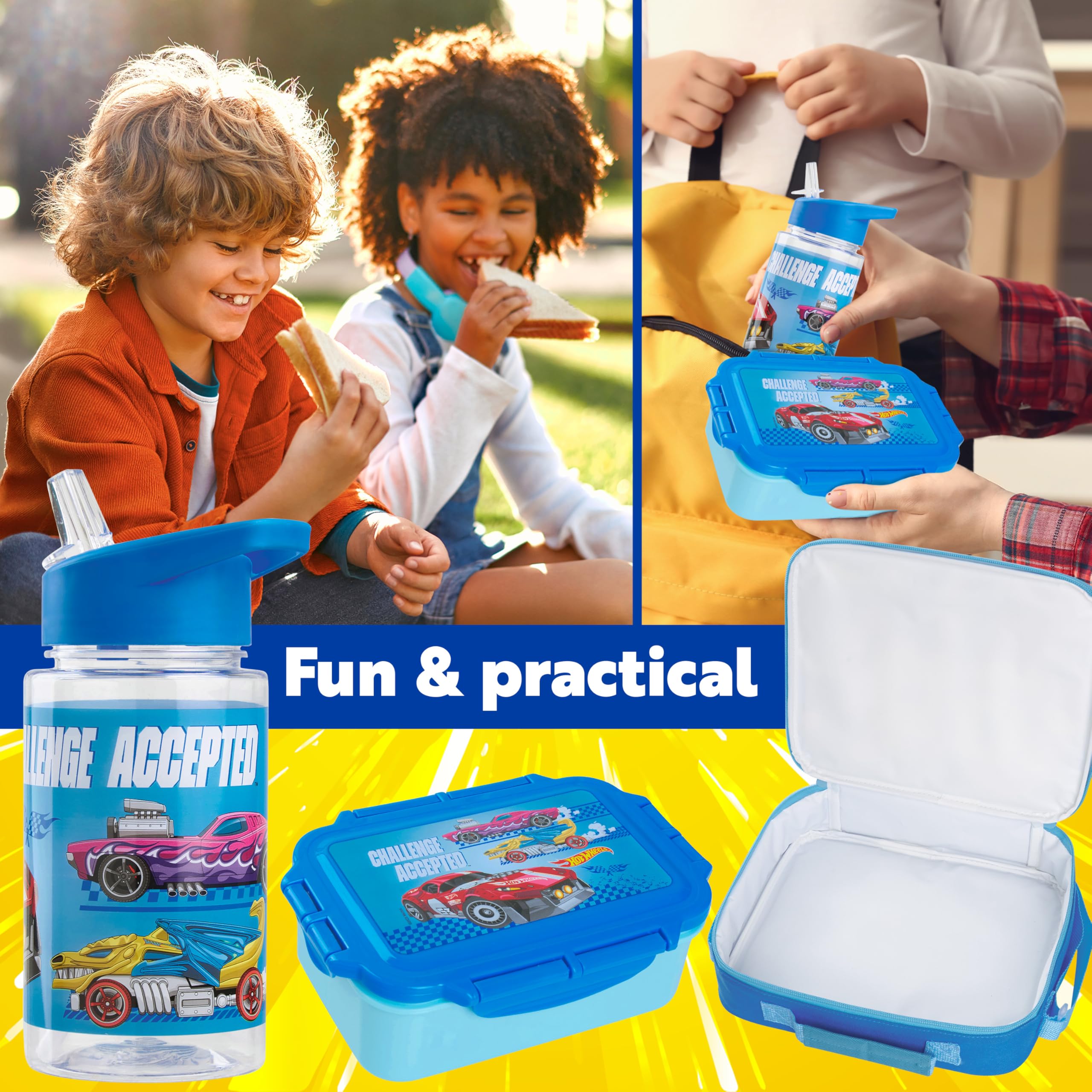 Get Trend Hot Wheels Sac Isotherme Repas Boîte à Goûter Gourde Enfant 400ml Set Déjeuner 3 Pièces Garçon Sans BPA École Voyage Pique Nique (Bleu Hot Wheels)