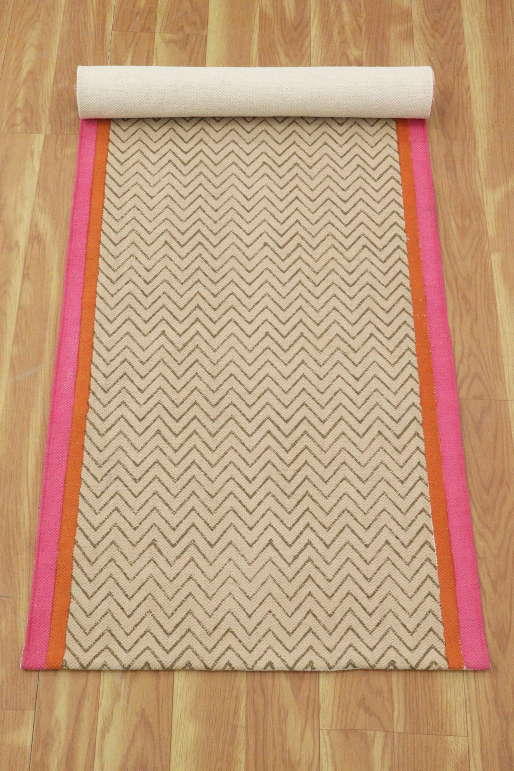 Kelim-Teppich, handbedruckt, Baumwolle, 3 m, quadratisch, Rosa, mehrfarbig, gestreiftes Design, Handwäsche, 0,5 cm dick, Boho, für drinnen und draußen, Flachgewebe, Teppiche für Flur