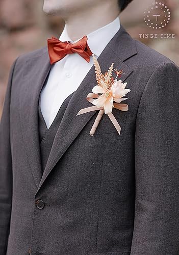 Miniatura 3 de TINGE TIME Boutonniere de 2 piezas para hombres, novios y padrinos de boda para boda, baile, regreso a casa, aniversario, graduación (blanco), Seda